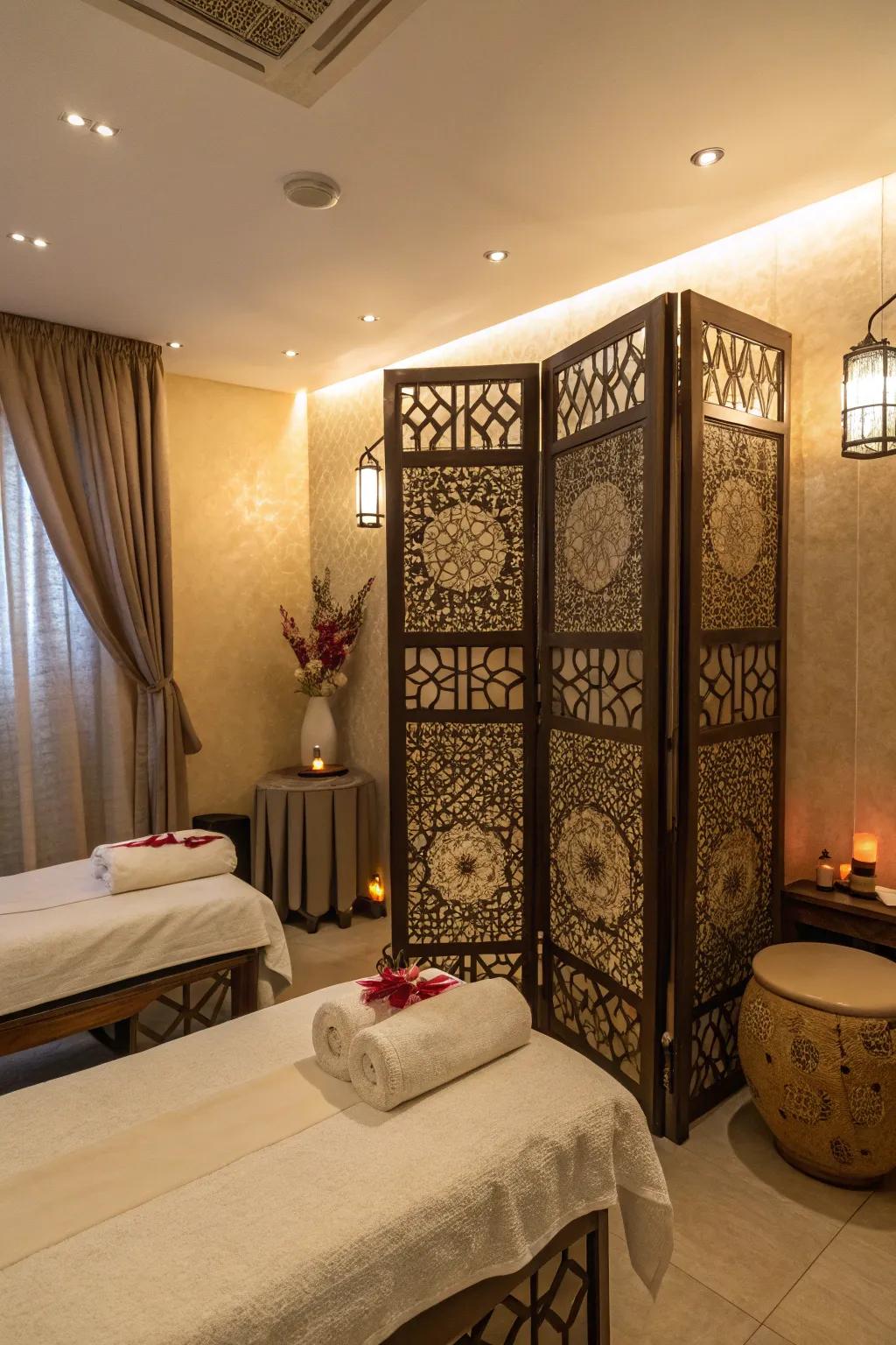 A massage room using folding screens for increased solitude and style.
