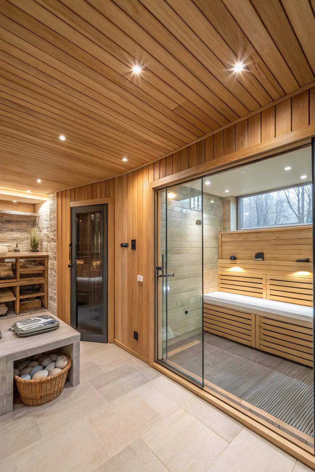 An integrated sauna transforms this master bathroom into a personal spa retreat.