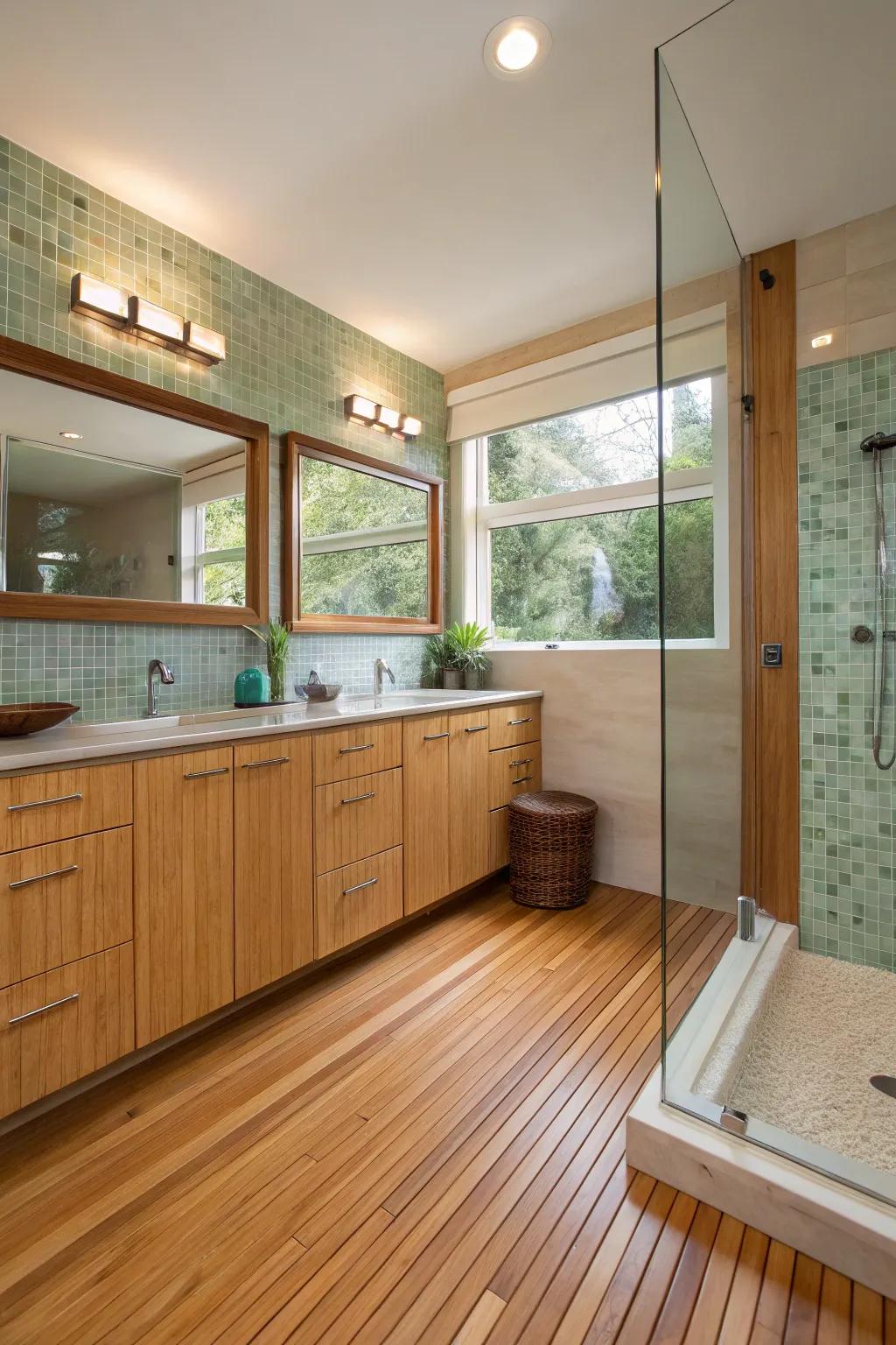 Eco-friendly bathroom with bamboo and recycled glass elements.