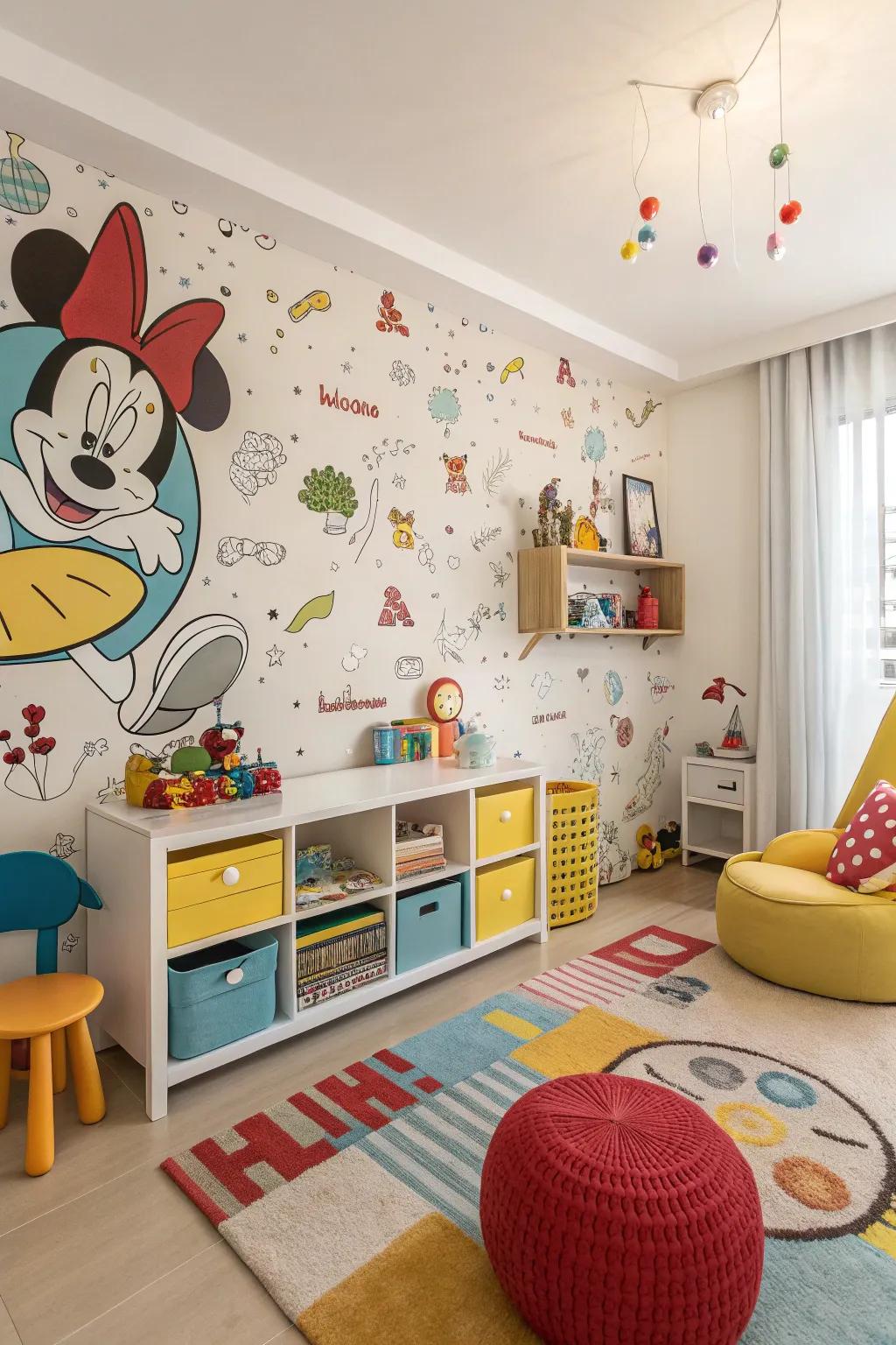 Cartoon character wallpaper adds fun and whimsy to a child's room.
