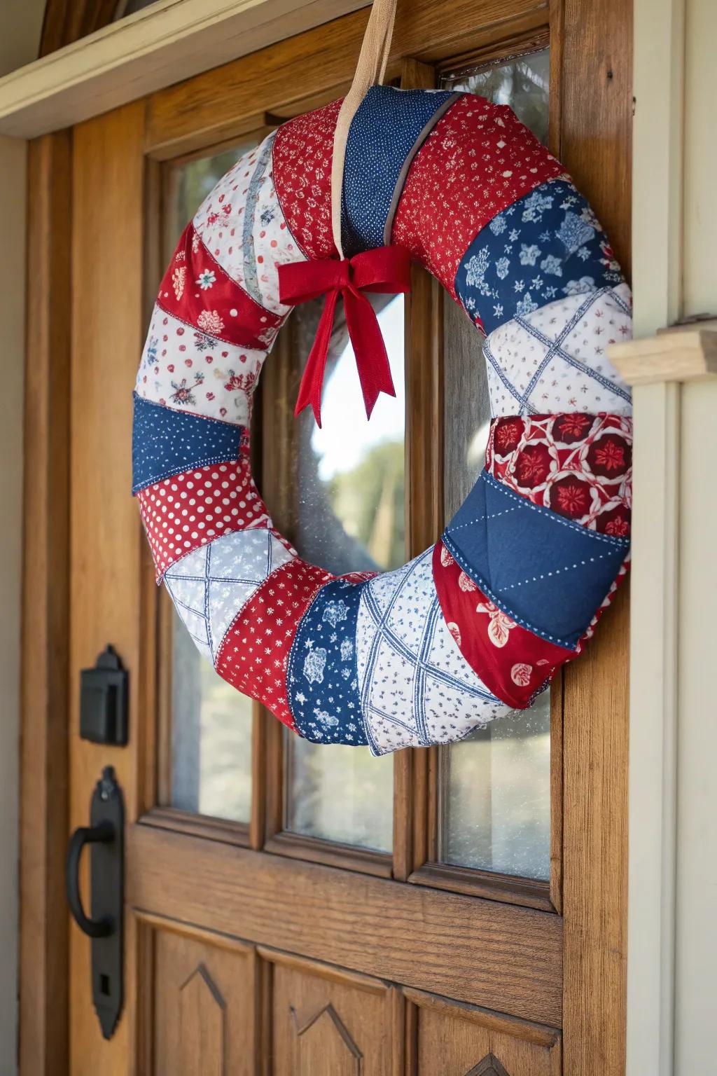A vintage charm with a quilted textile wreath.