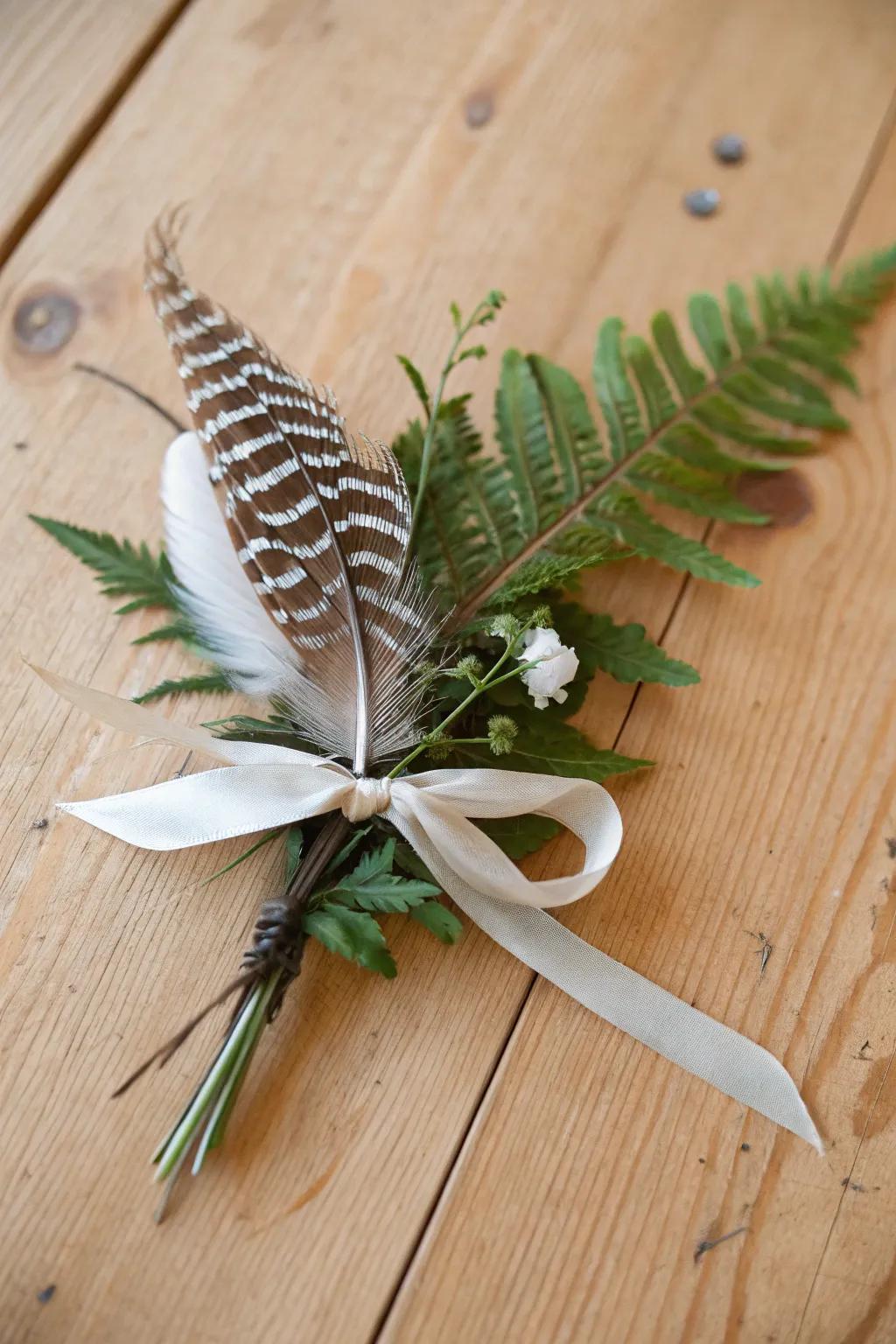 Plumage and frond boutonnieres deliver natural elegance.