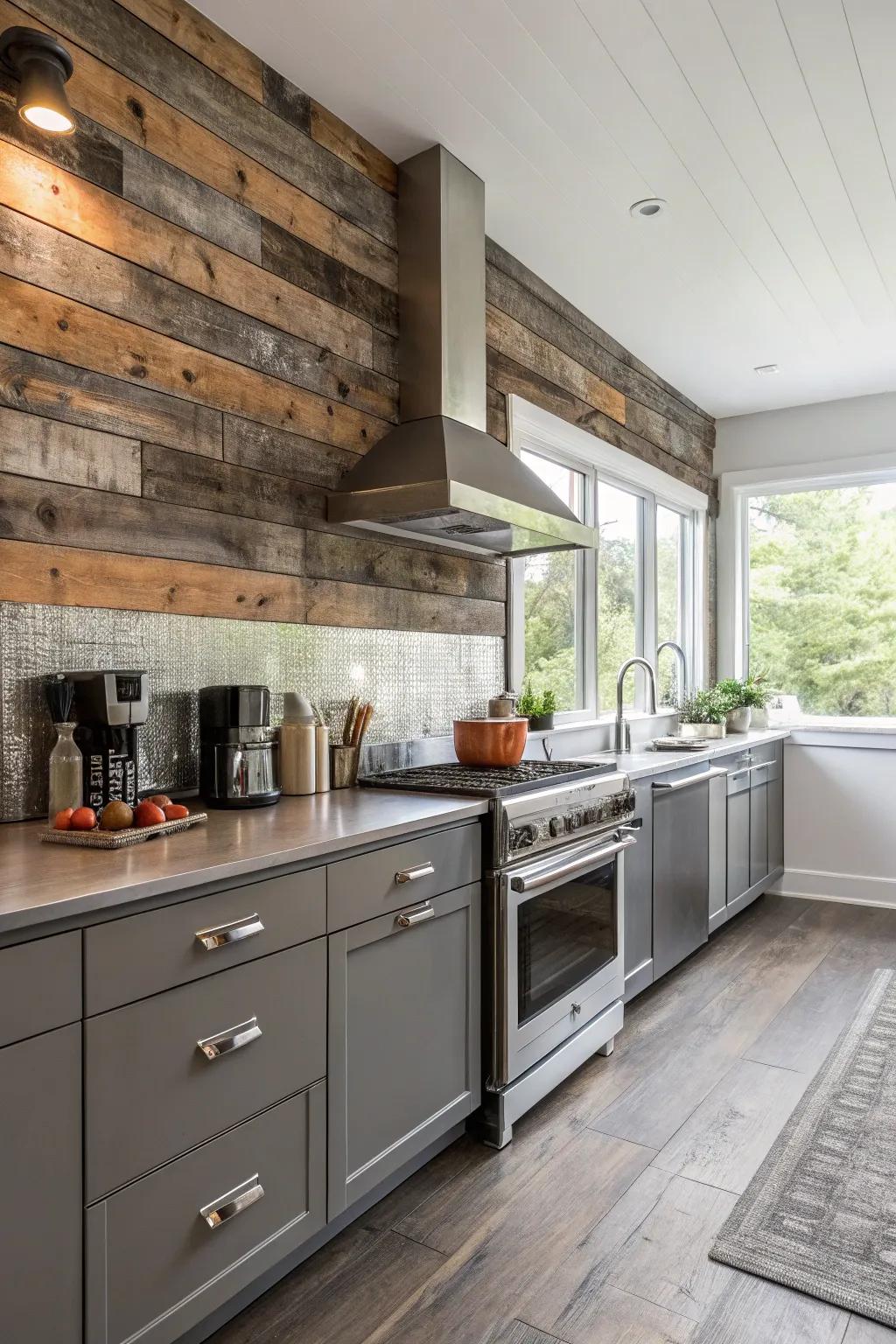 A kitchen featuring a modern metal and distressed wood backsplash.