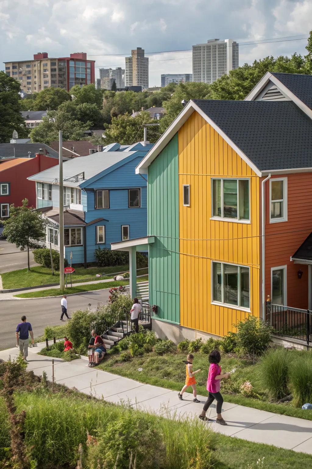 A vibrant community home with metal wall cladding featuring contrasting colors for a lively look.