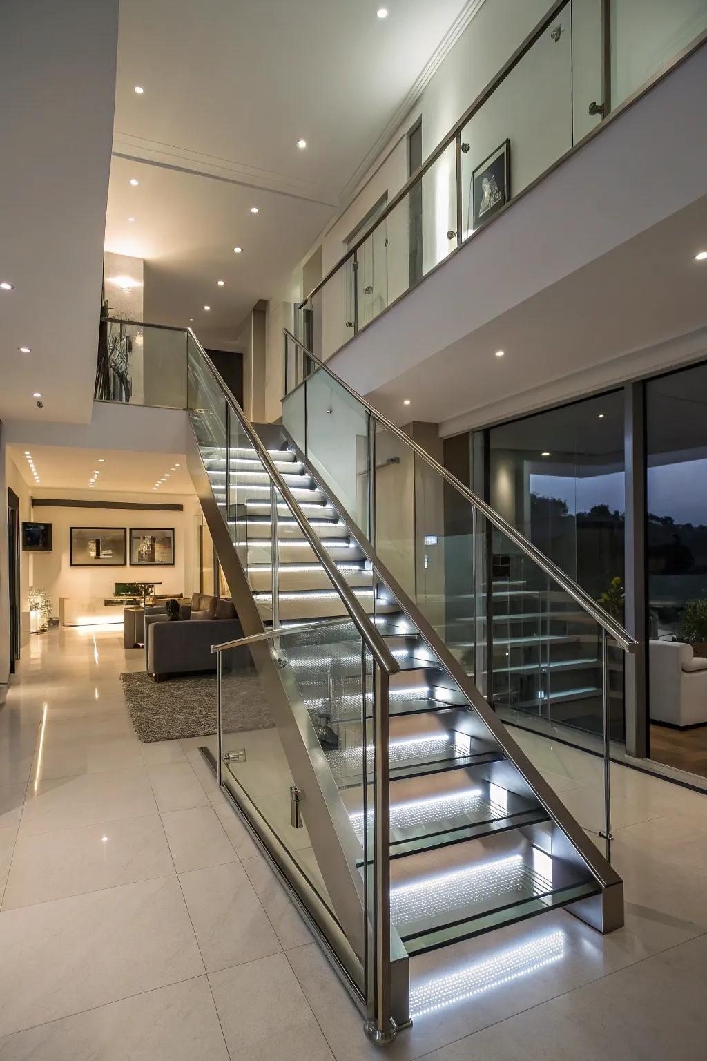 A sophisticated blend of steel and glass for a chic staircase.