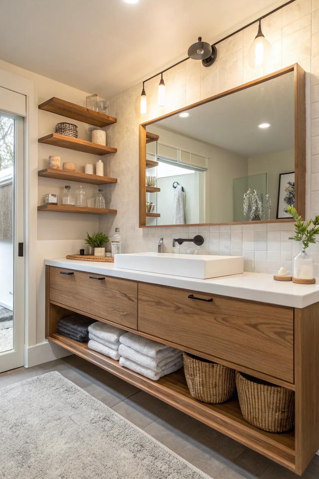 Floating vanities combine functionality with a modern aesthetic.