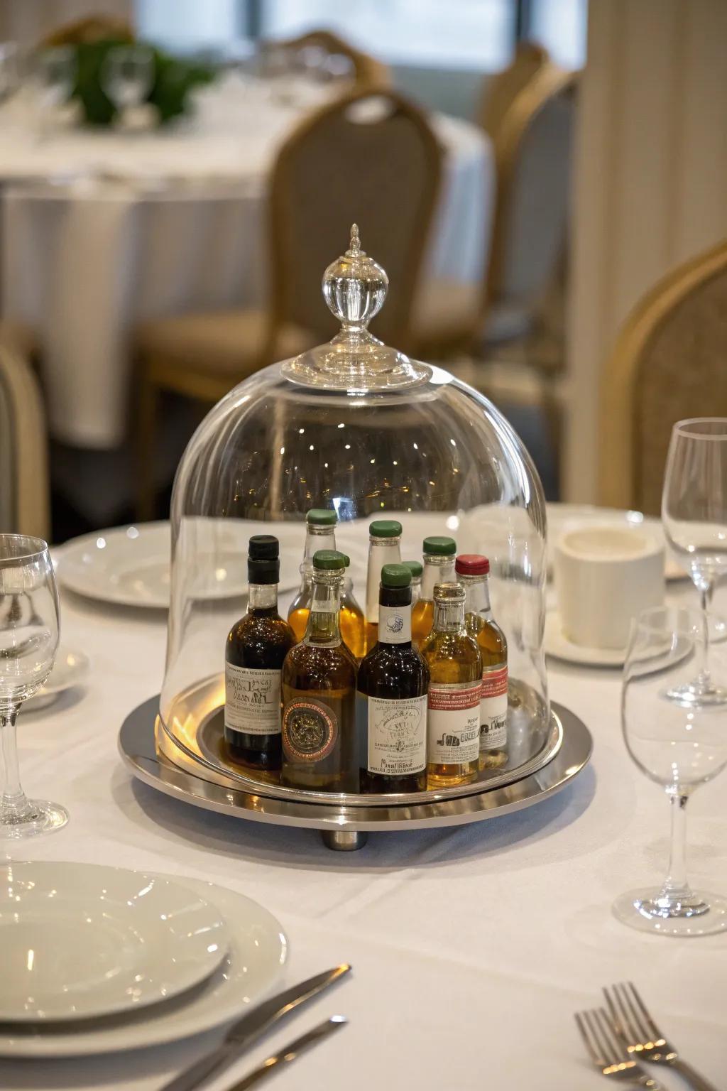A vitreous dome integrating sophistication to the presentation of miniature liquor bottles.