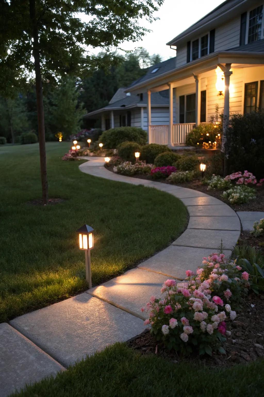 Subtle lighting enhances the yard's beauty at night.