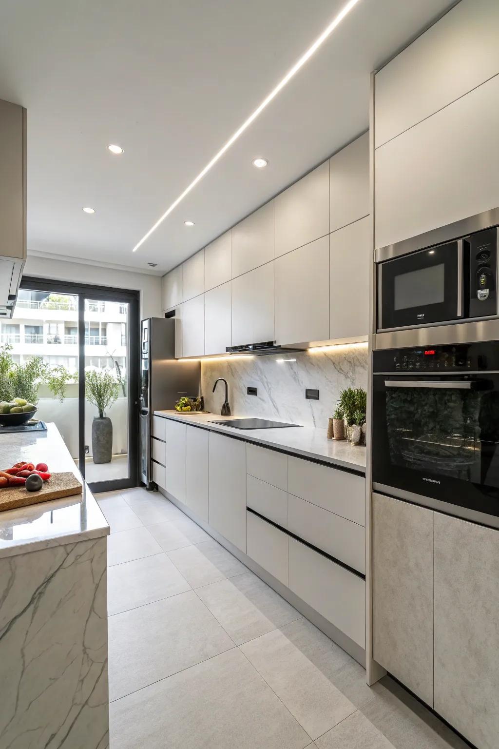 Tech solutions enhancing convenience in a minimalist kitchen.