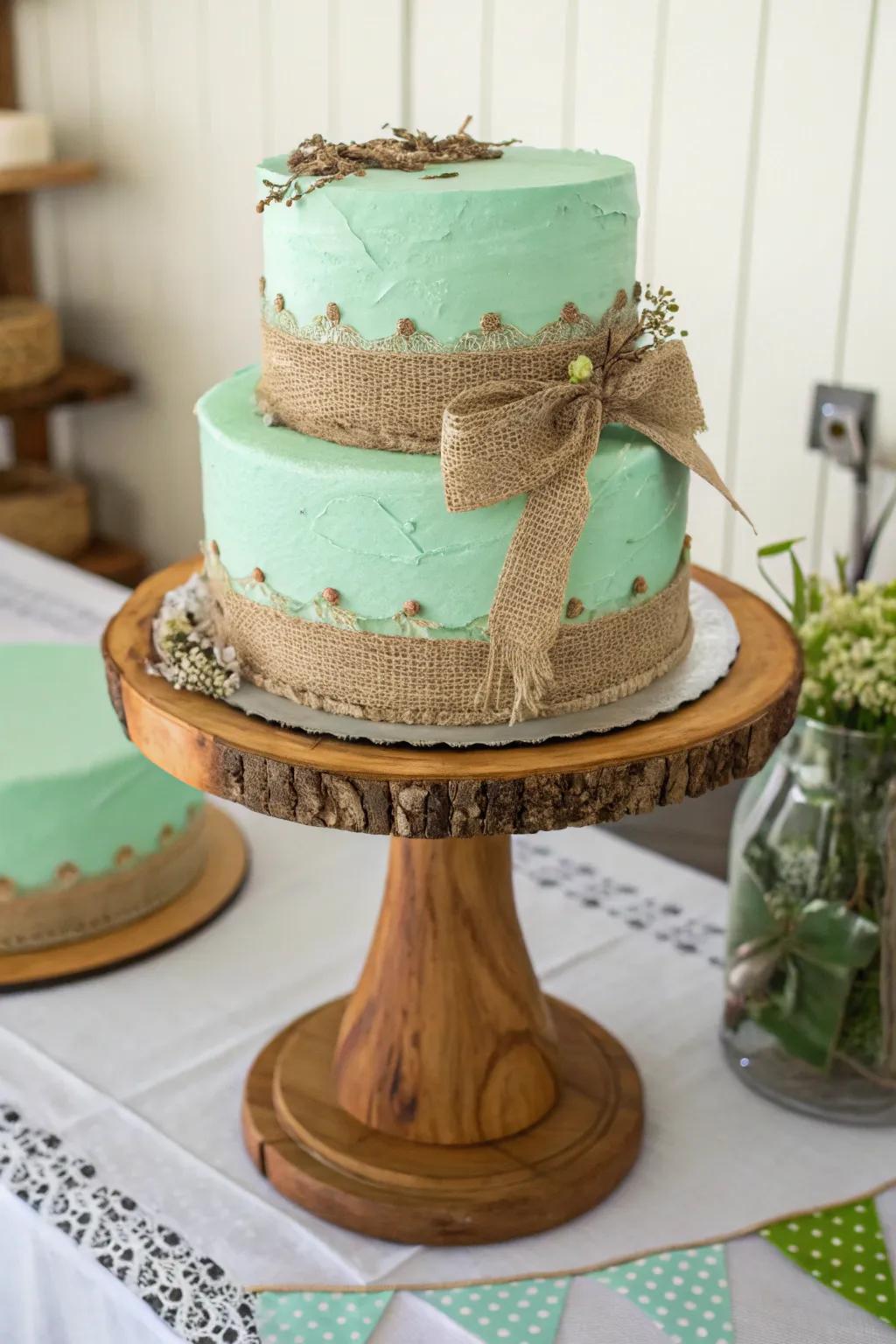 A mint green cake radiating country elegance and charm.
