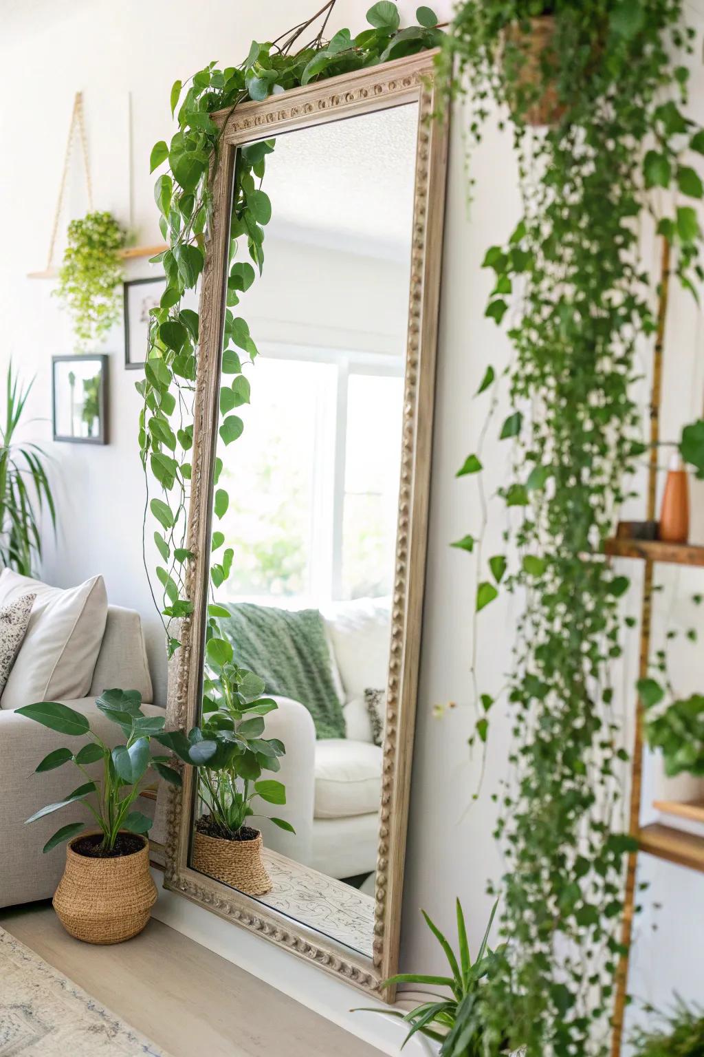 Mirrors and botanicals, when united, generate a revitalized and hospitable space.