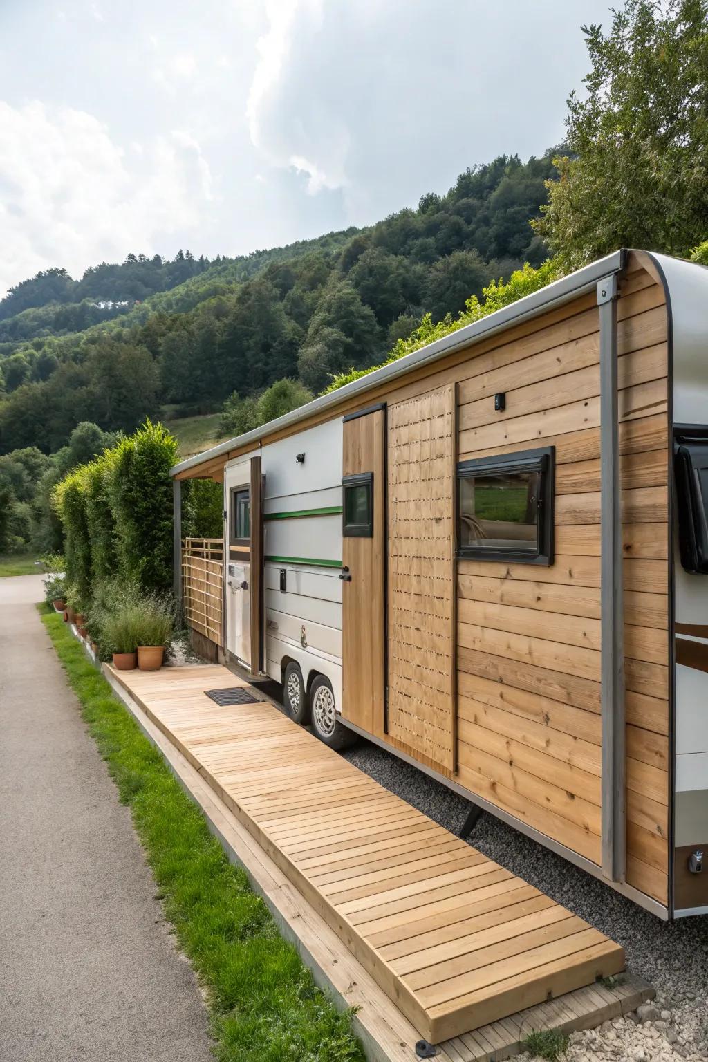 Wood skirting with hidden storage combines functionality with style.