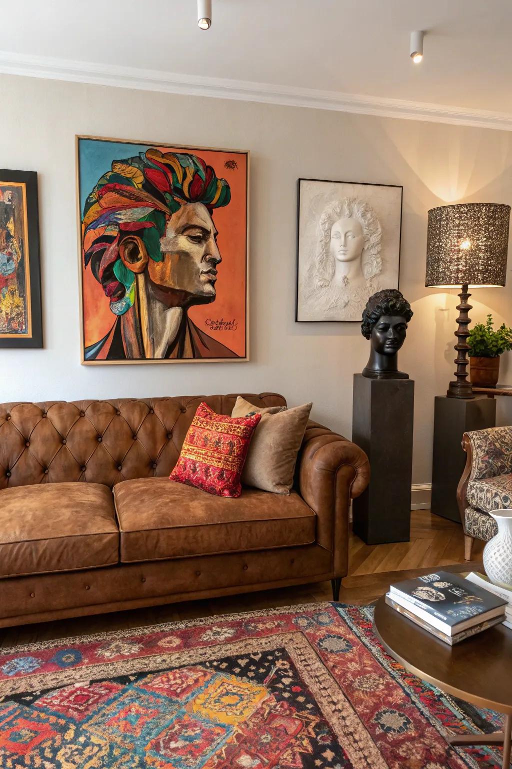 Artistic elements turn the cacao sofa area into a personal gallery.