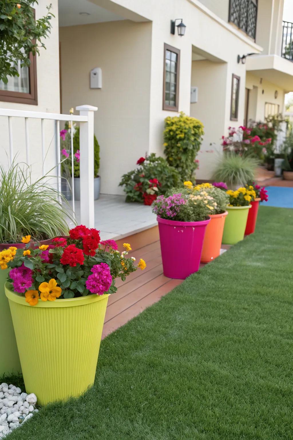 Bright planters add color and personality to the artificial grass area.