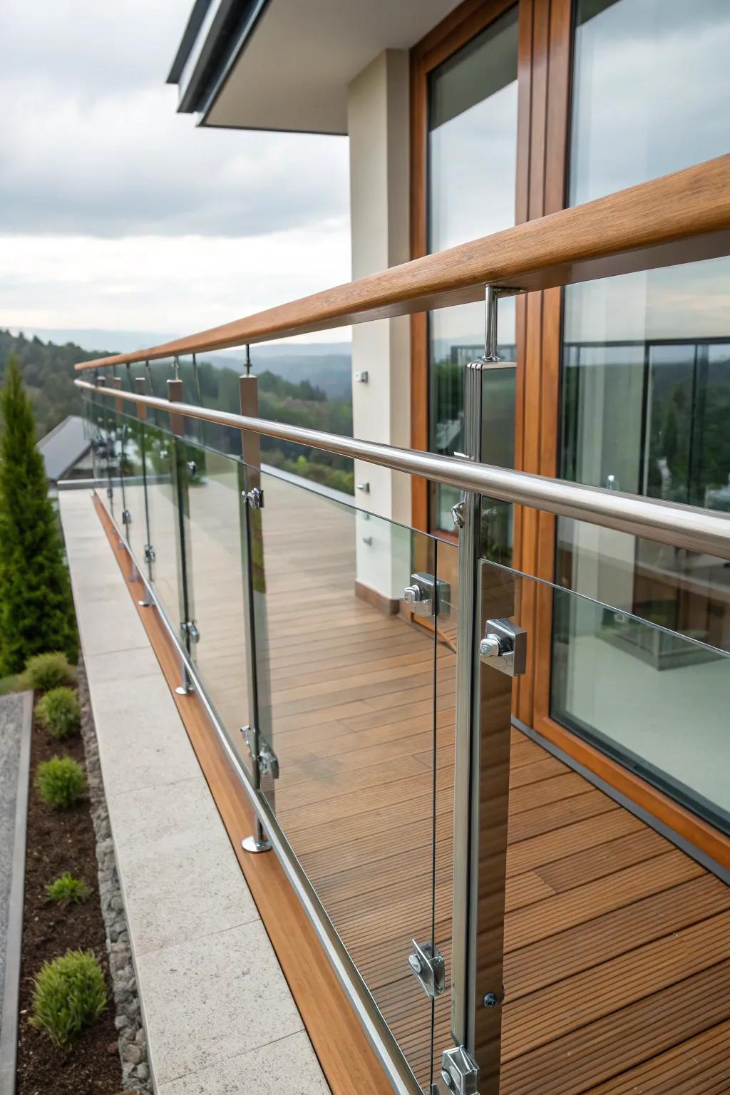 Balcony with mixed materials railing: wood, metal, and glass