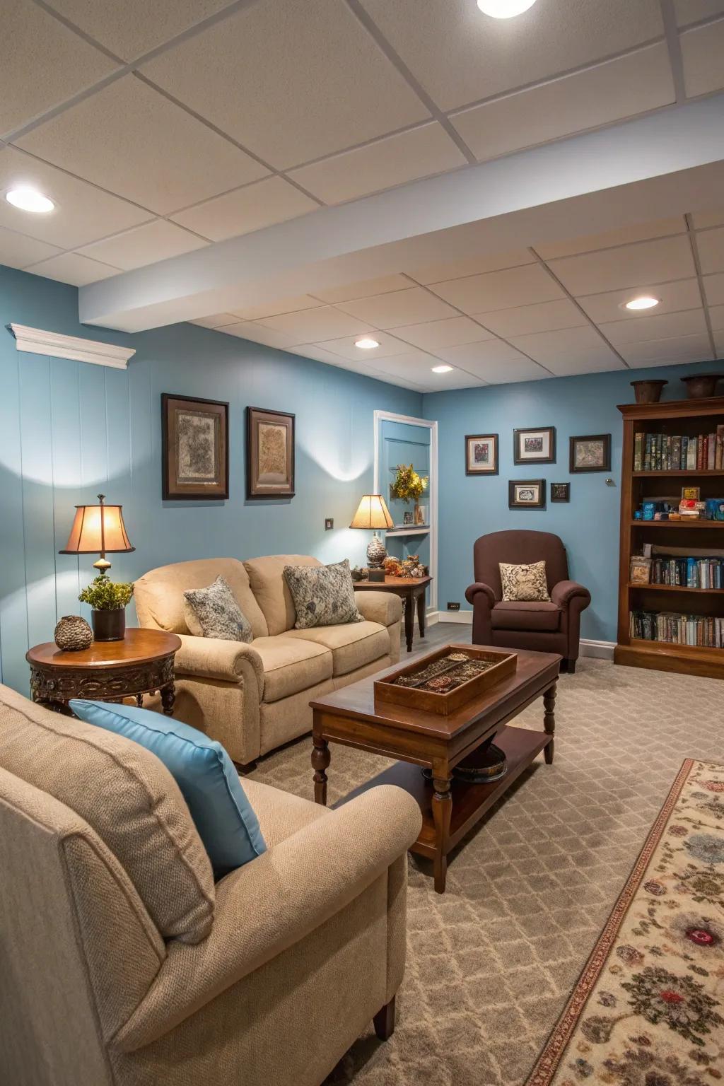 Gentle azure delivers a calming and welcoming ambiance.