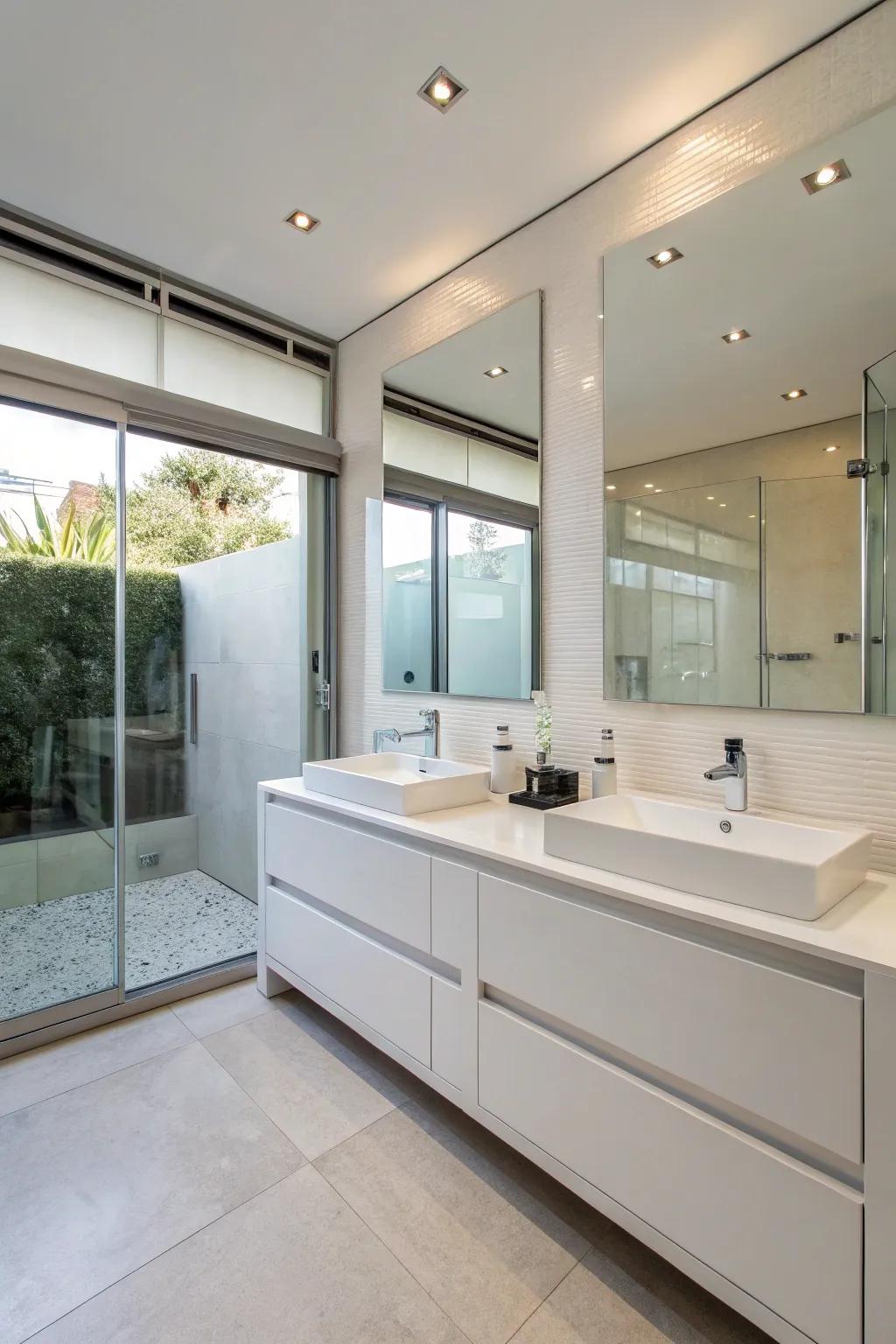 Double basin storage units provide practicality in communal contemporary restrooms.