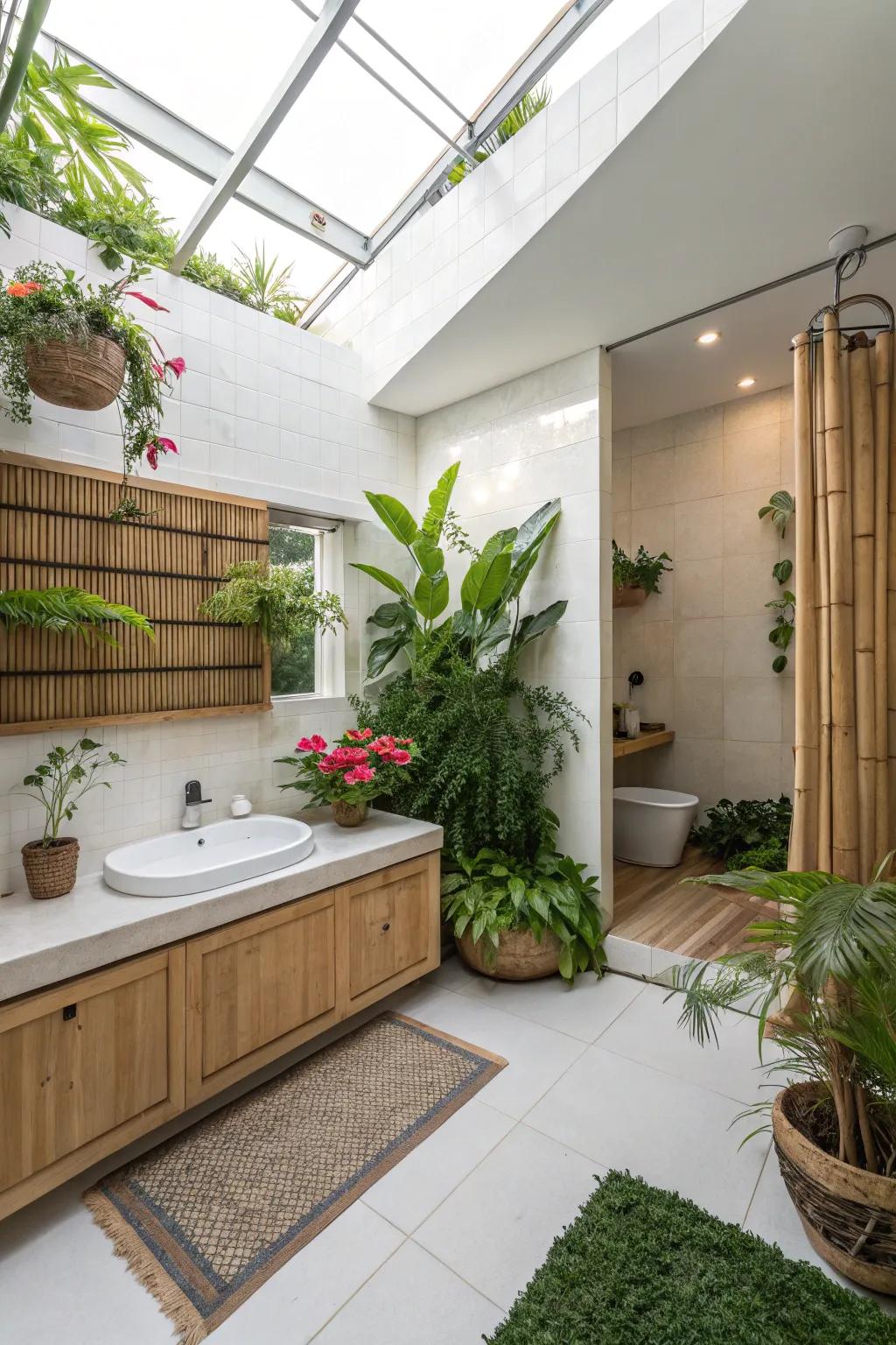 Plants bring a refreshing touch to this modern bathroom.