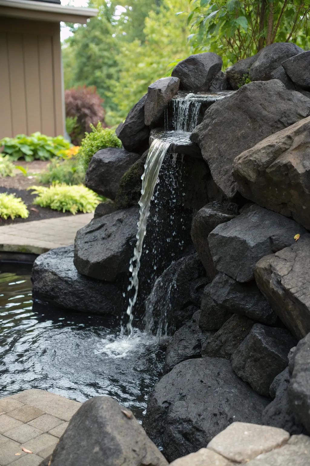 A dramatic waterfall crafted from volcanic black rocks.