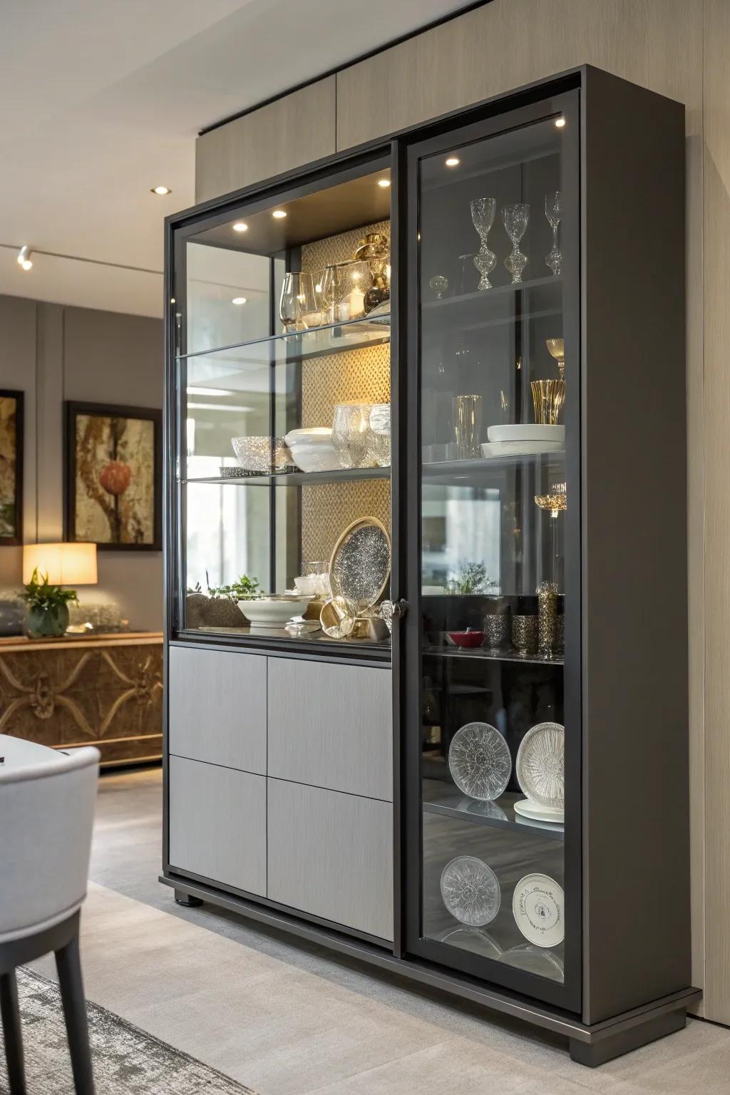 Mirrored back in a china cabinet for an expanded look.