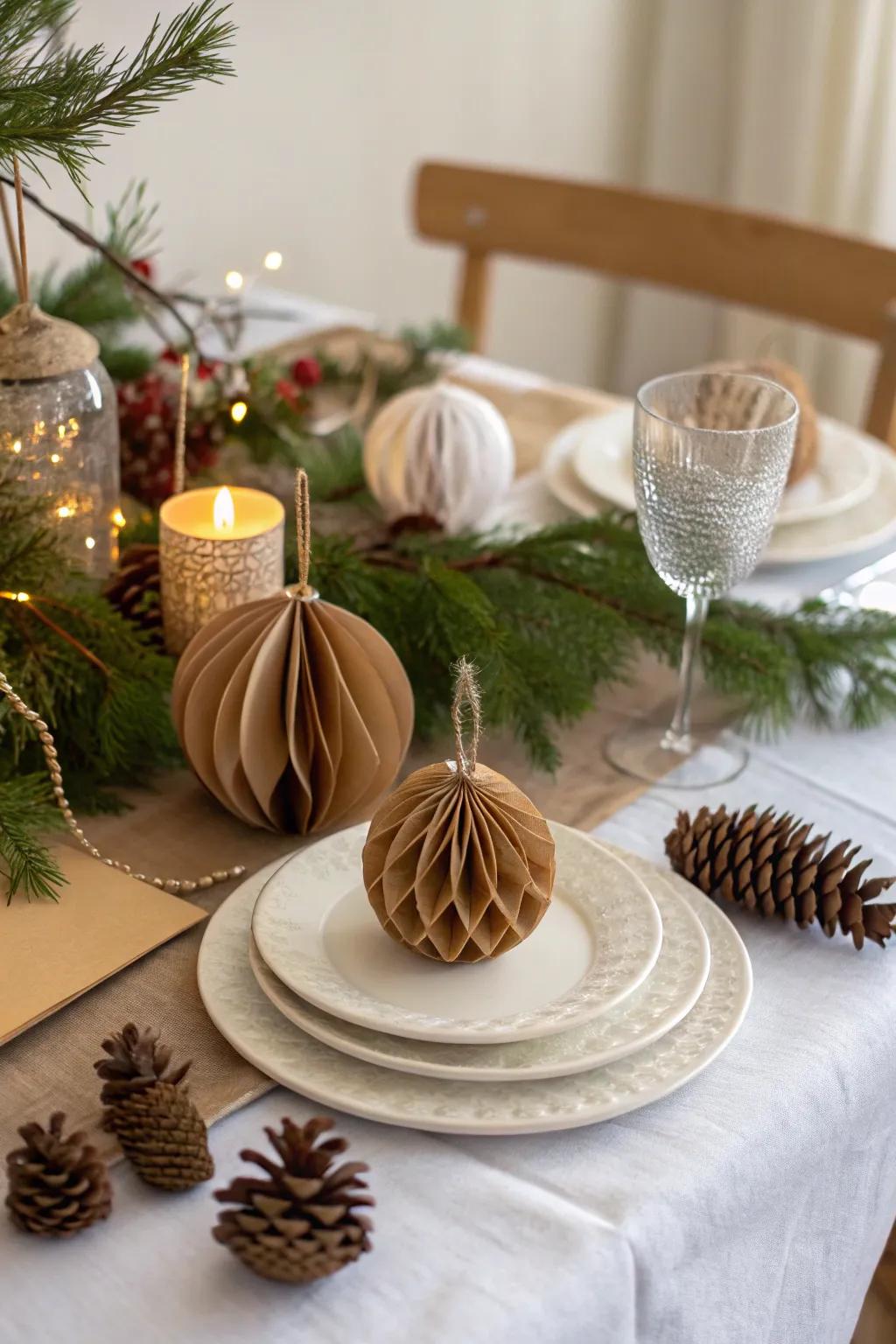 An earth-conscious table design featuring repurposed paper ornaments.