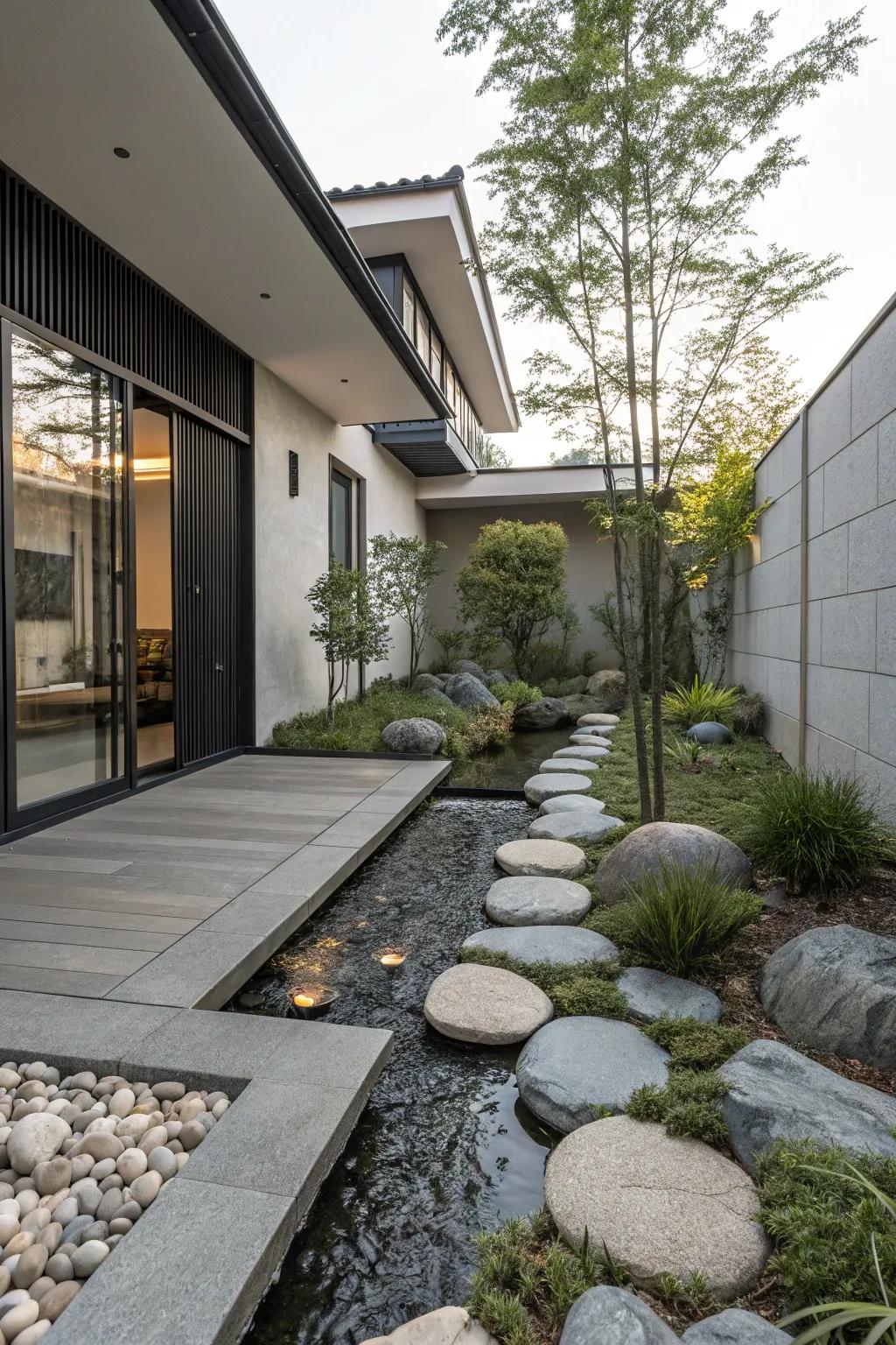 A Zen garden offers tranquility and balance at the entryway.