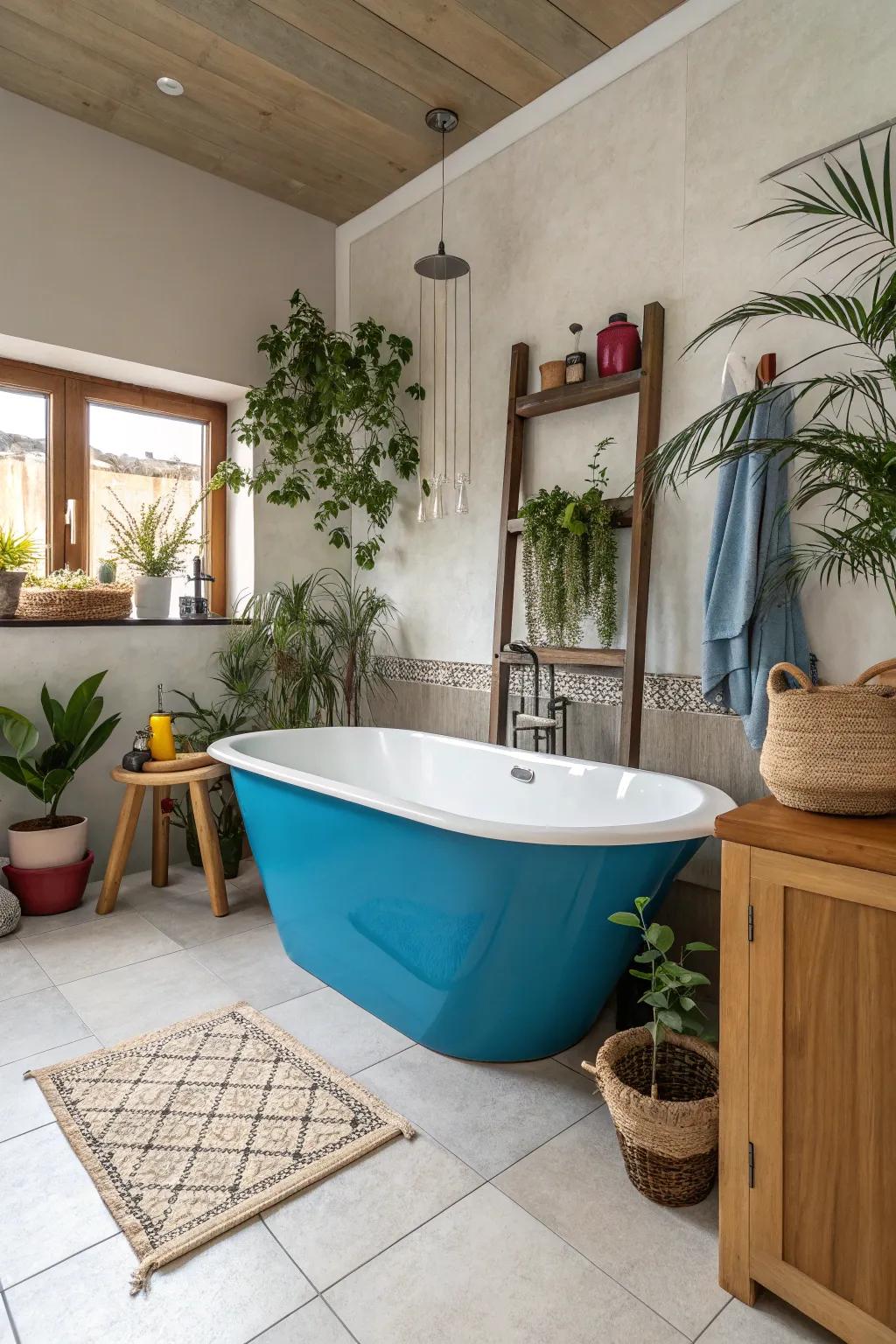A colored bathtub adds a shocking focal point to this lavatory.