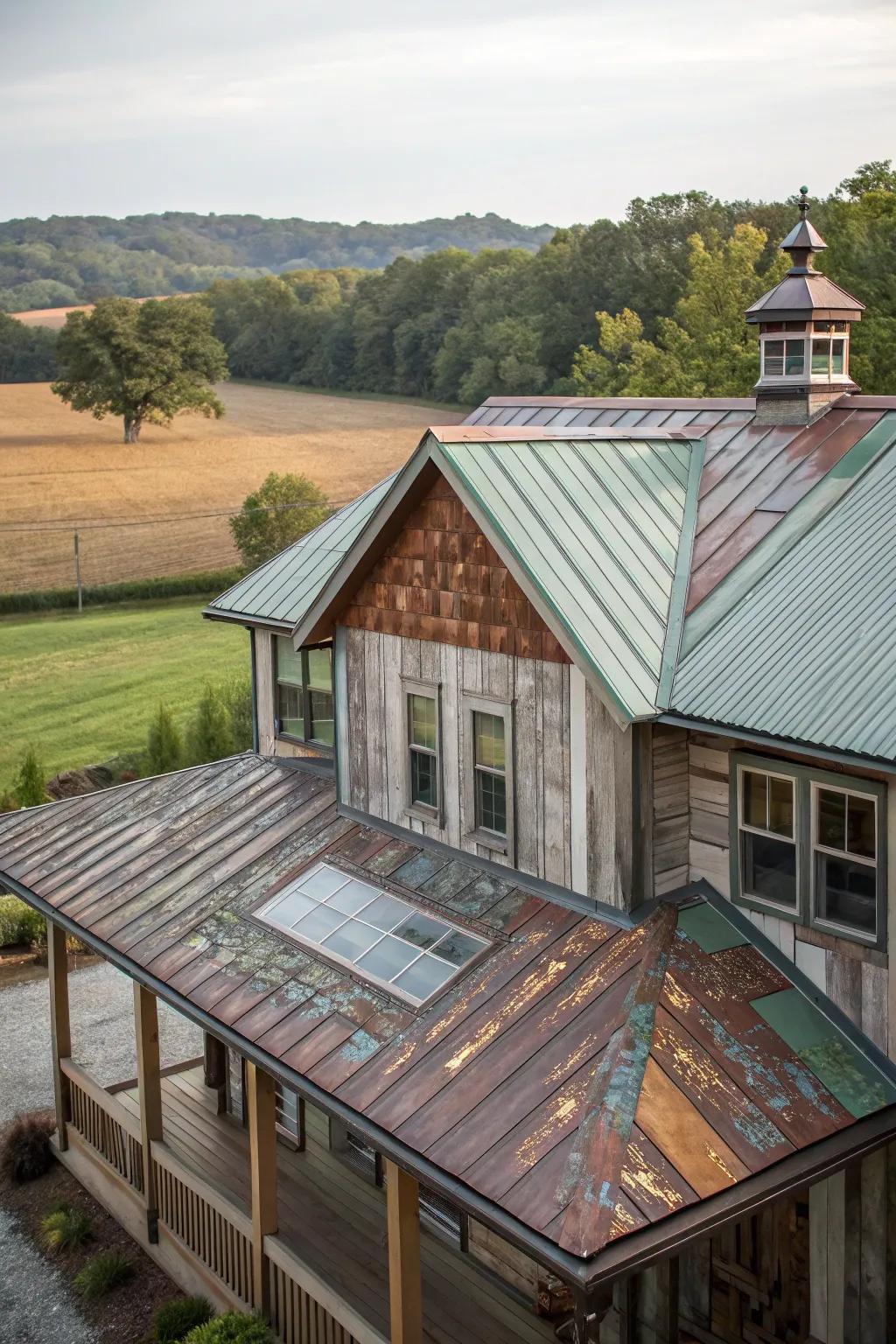 Creative surfaces: A farmhouse featuring a mixed-material metal roof.