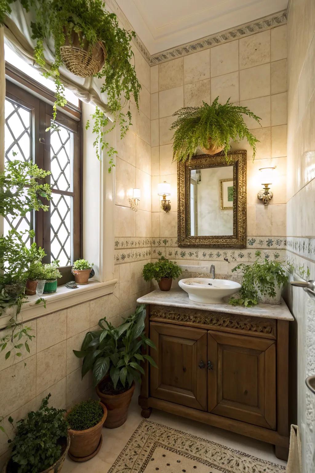 Potted plants and greenery accents in a powder room.