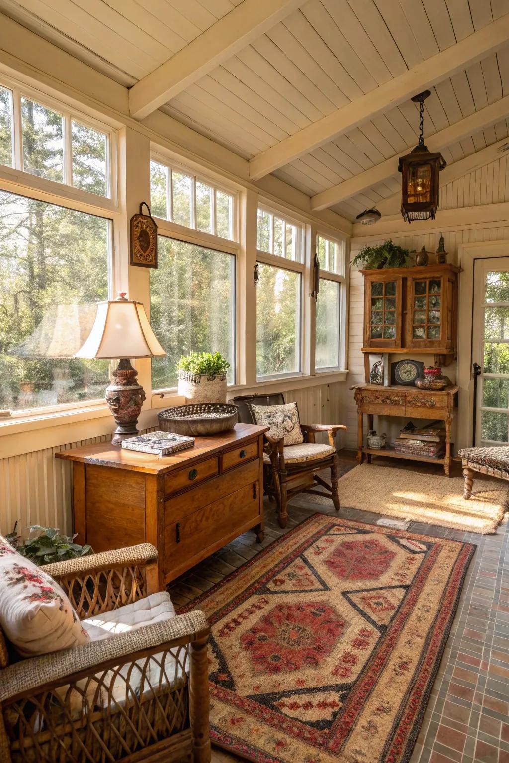 A vintage ambiance highlighted by antique furniture cultivates enduring charm.