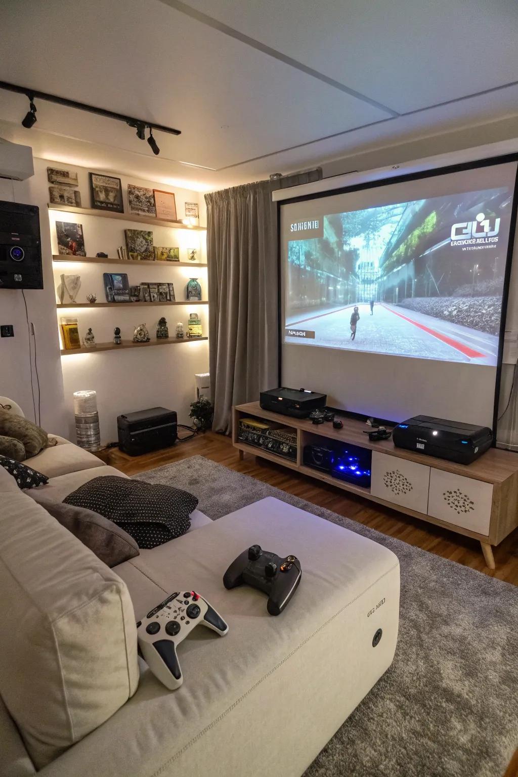 A gaming bedroom with a display projector setup for a large screen experience.