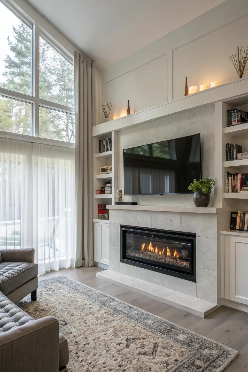 Built-in shelving enhancing a modern gas fireplace's functionality.