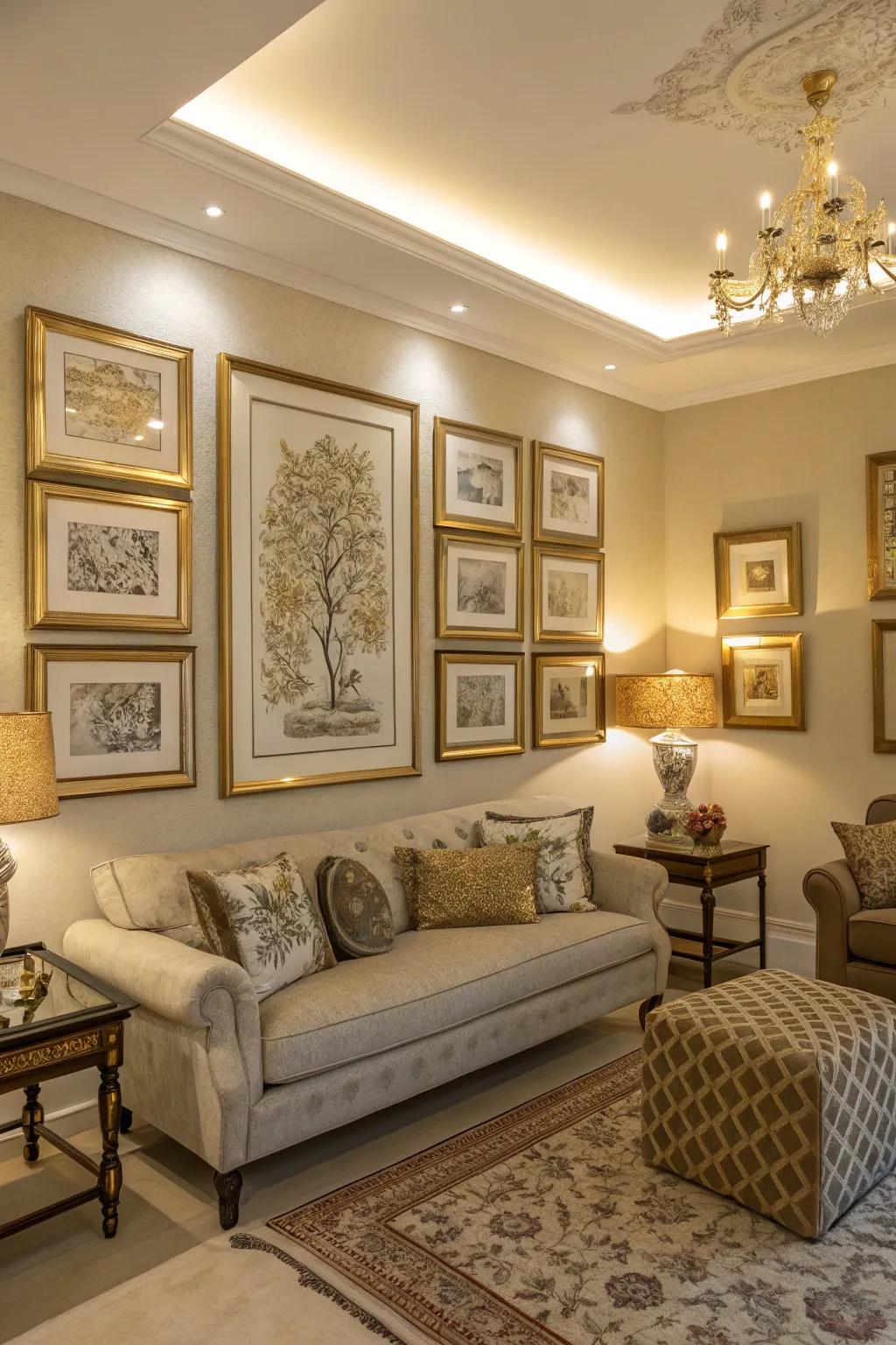 Artwork displayed in gold and silver frames adds an elegant feel.