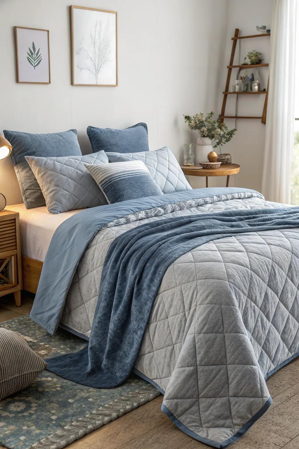 Layering pewter and azure bedding introduces depth and texture to your bedroom.