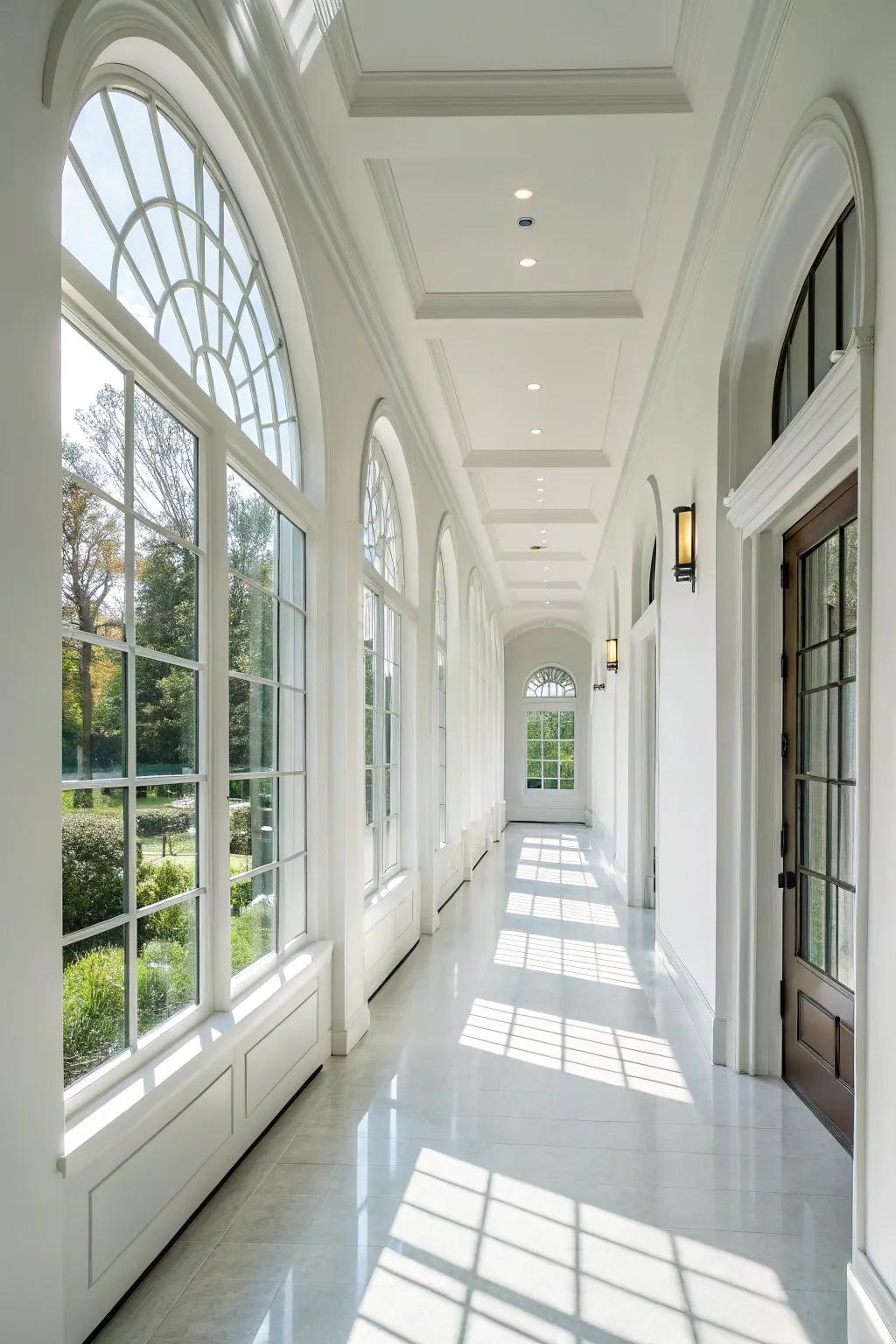 Creative utilization of pure white enhances natural light and spaciousness.