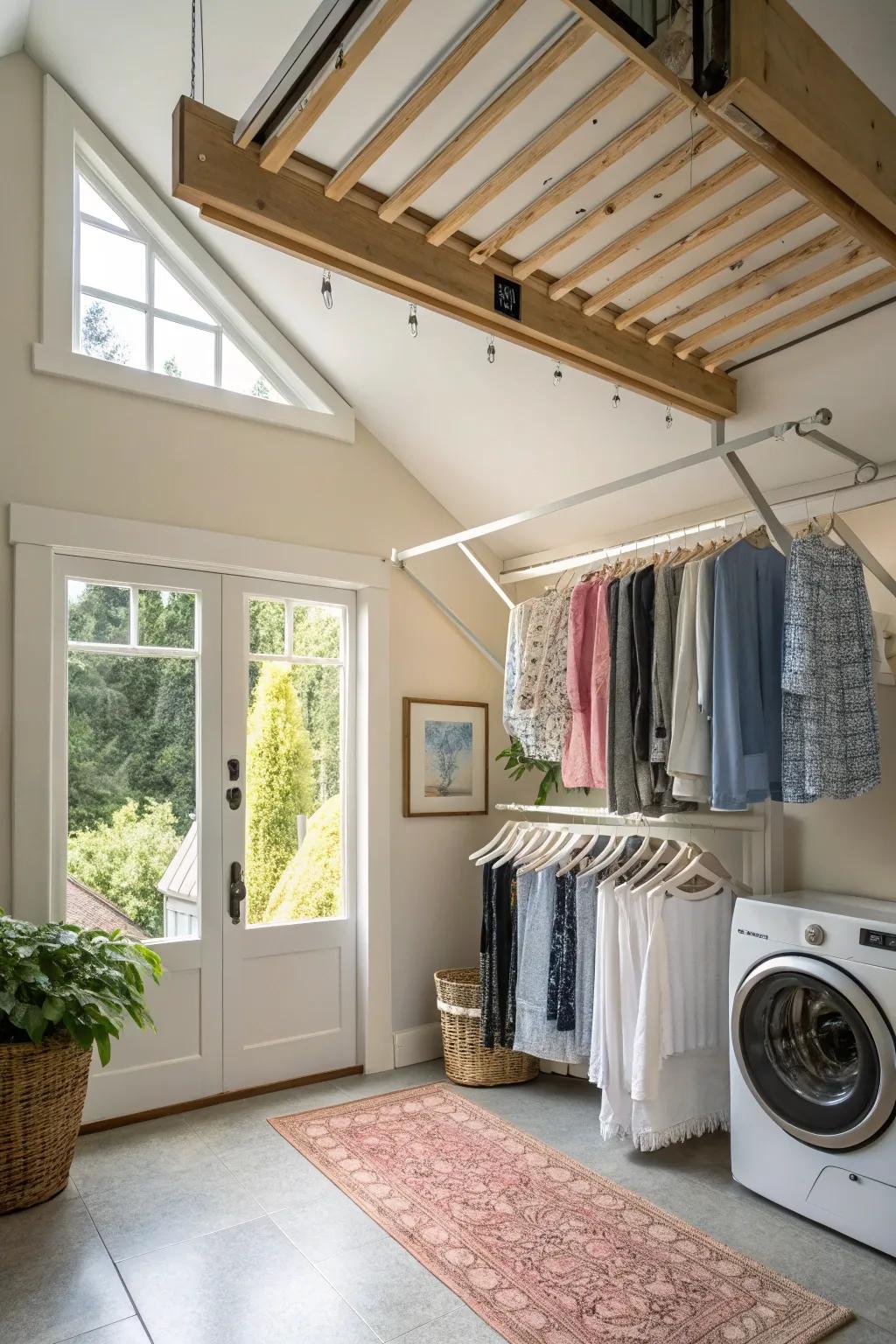 Ceiling-mounted drying racks save space and add convenience.