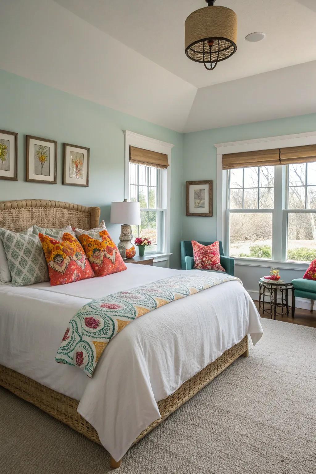 Bright accents infuse this contemporary bedroom with lively energy.