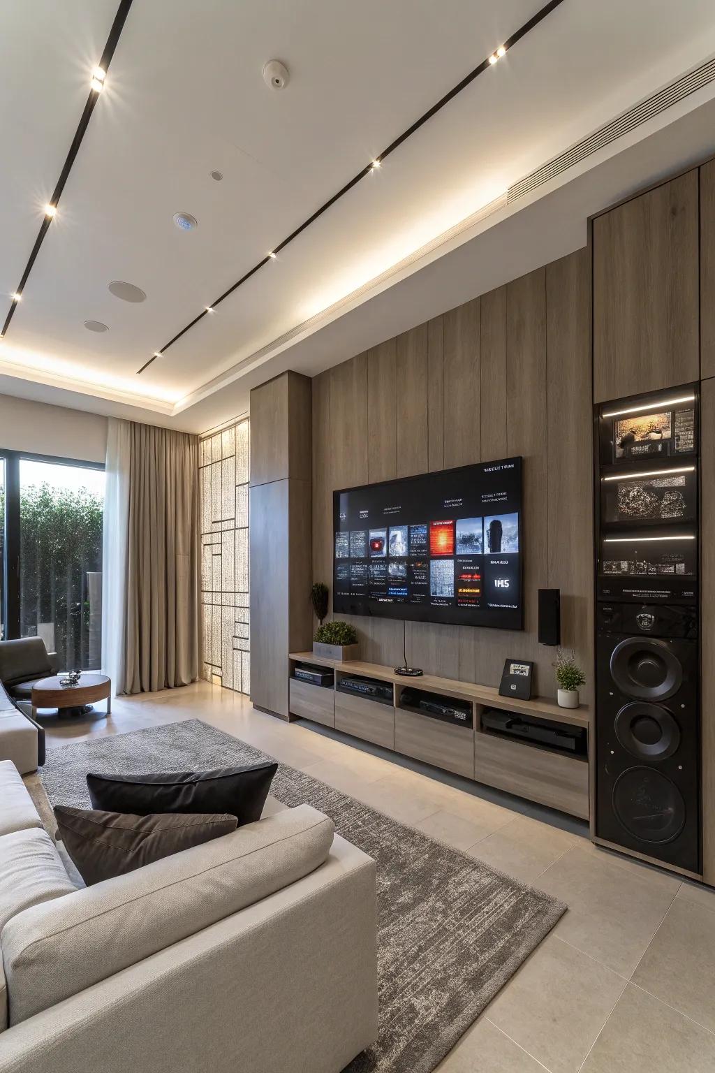 Smooth tech integration retains the media wall practical and organized.
