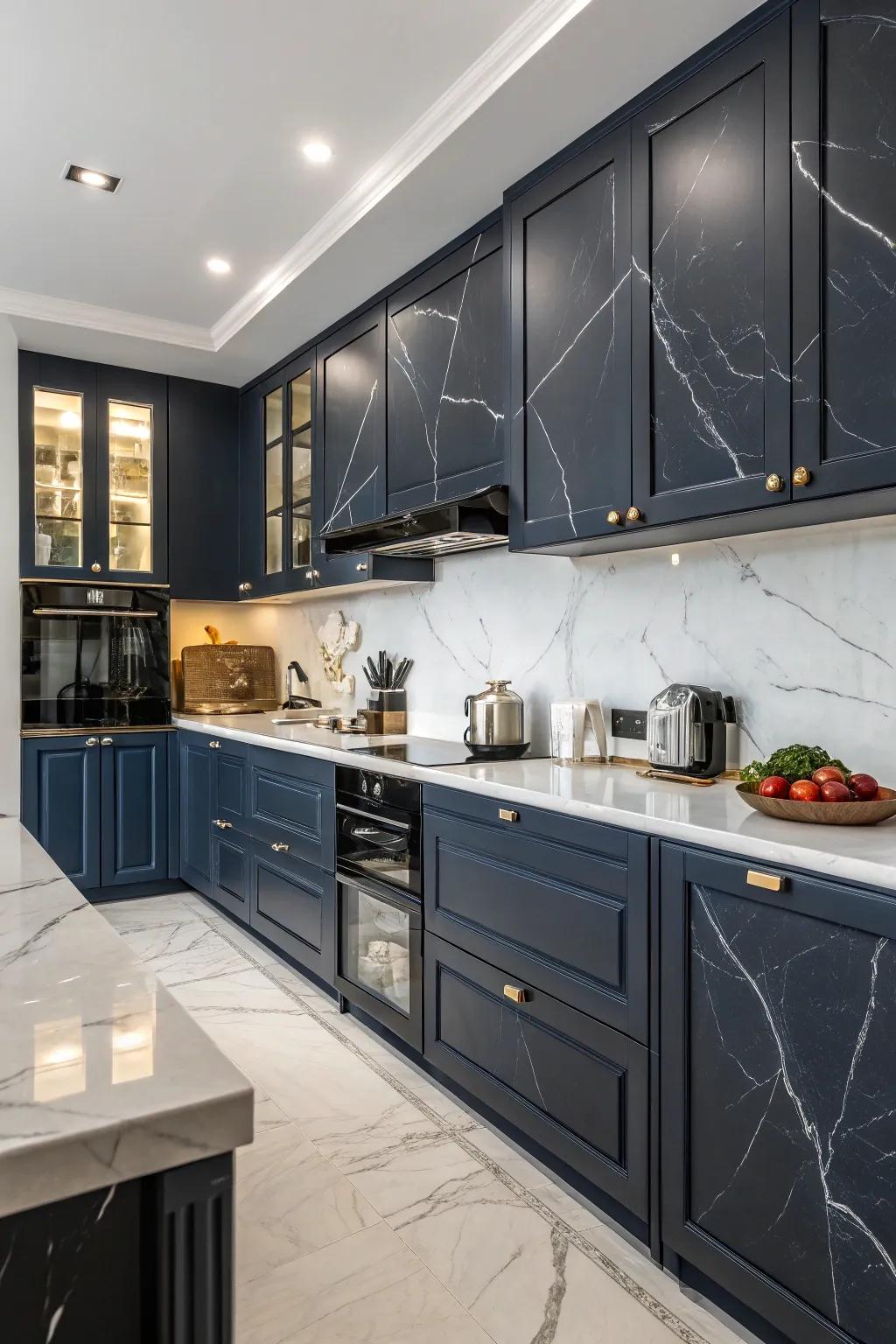 Shadowy mineral countertops add a dramatic and luxurious touch to deep sea kitchens.