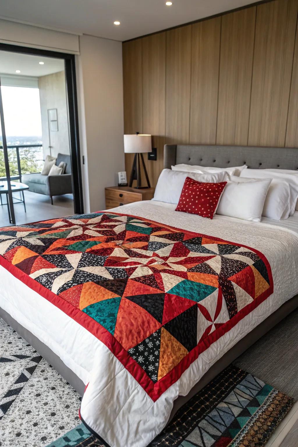 Bold contrasts in quilts create visual drama and draw the eye.