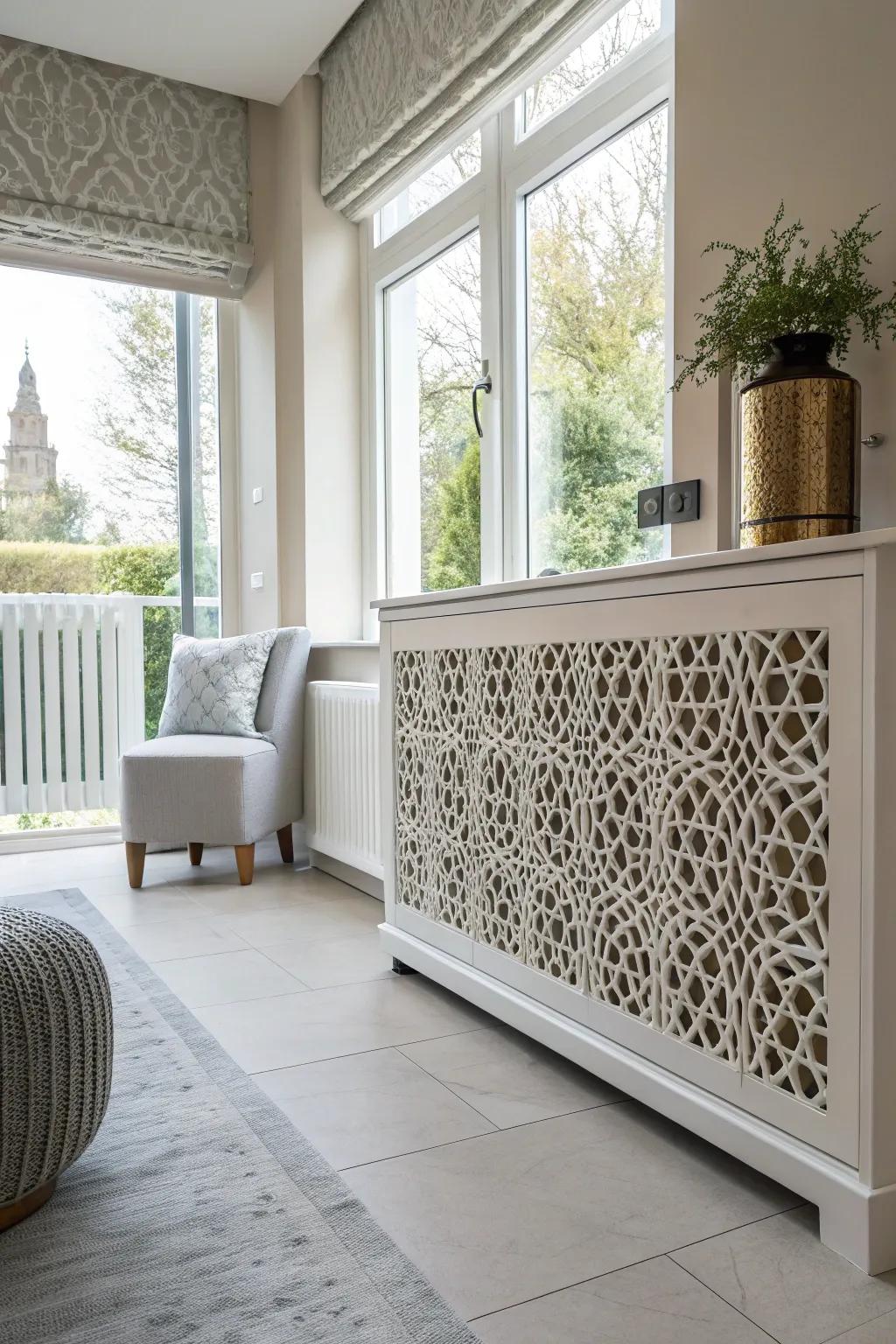 A radiator shield that has eye-catching geometric grates.