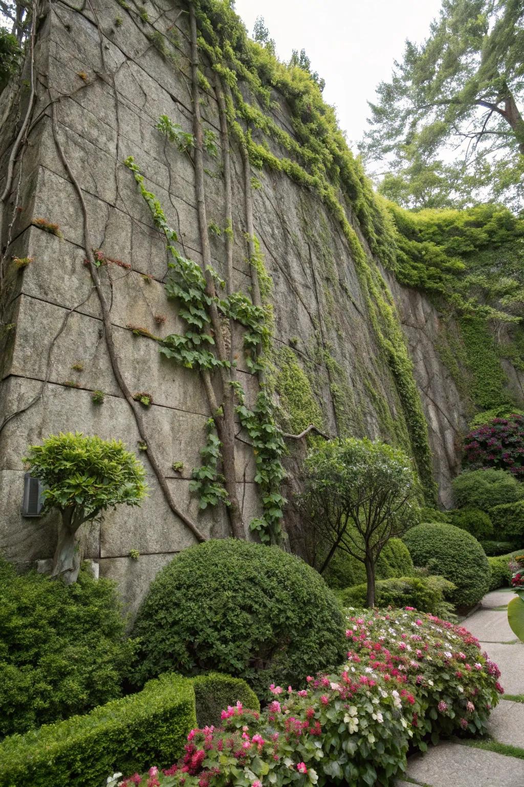 Upright rock structures append height and sustain lush greenery.