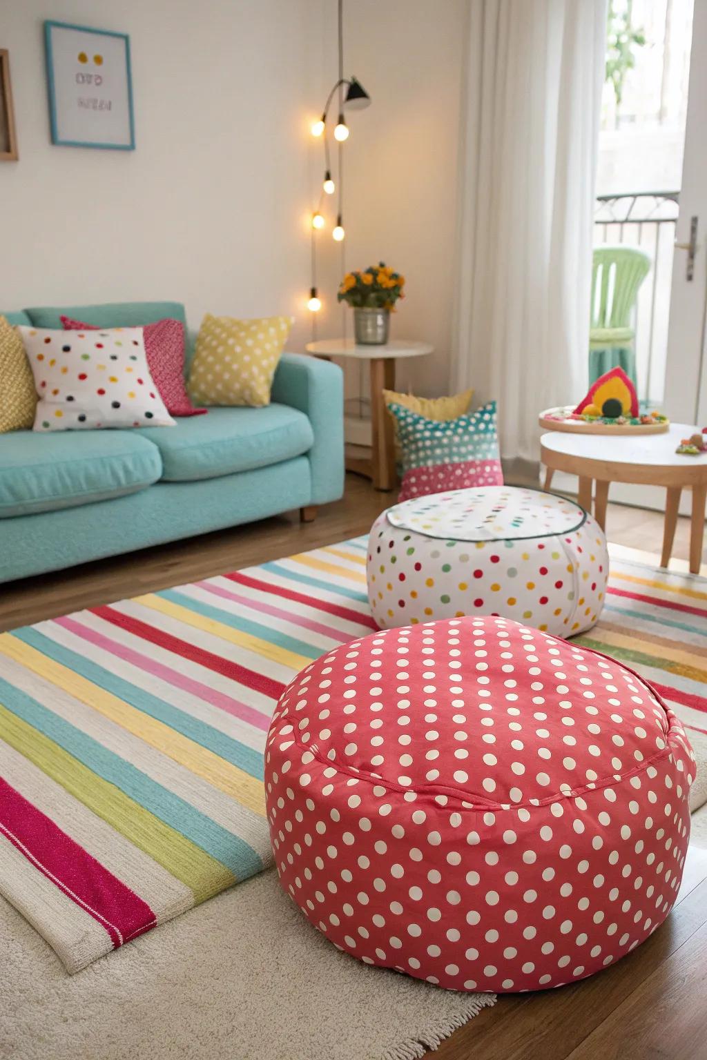 A playful vibe is created by mixing patterns in decor.