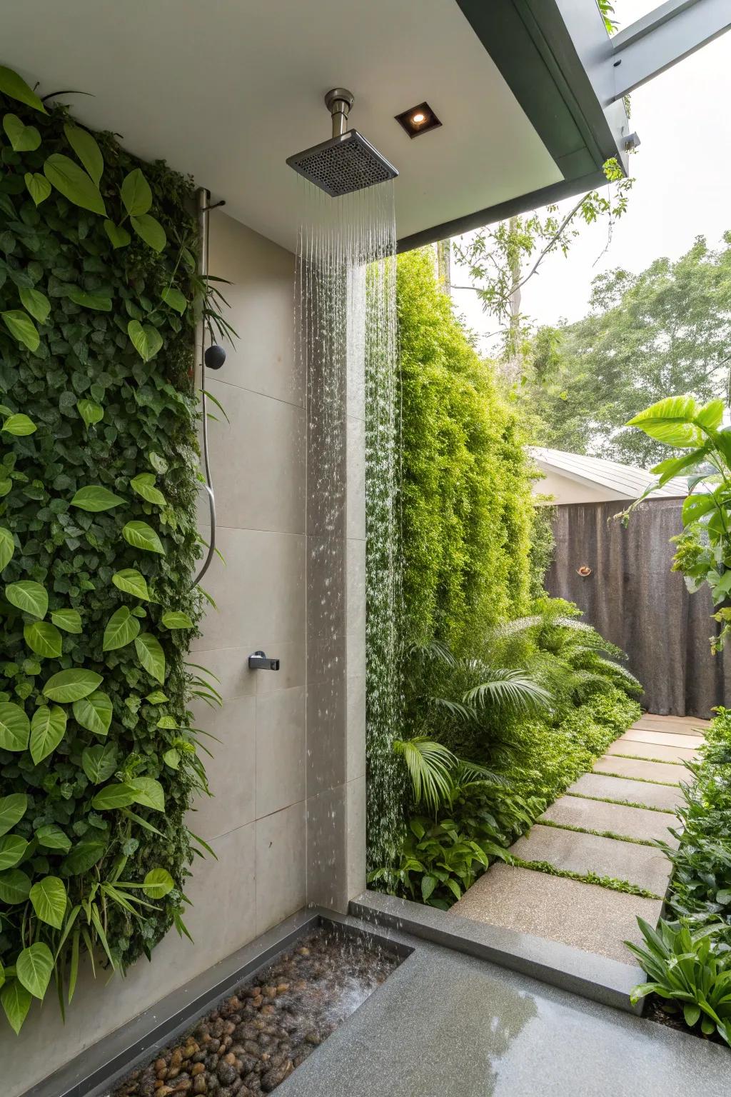 An imaginative shower space showcasing an innovative vertical garden installation.