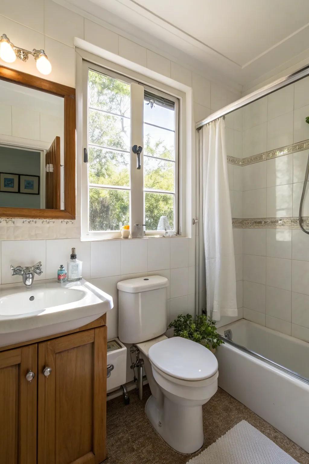 Natural light enlivens this intimate bathroom.