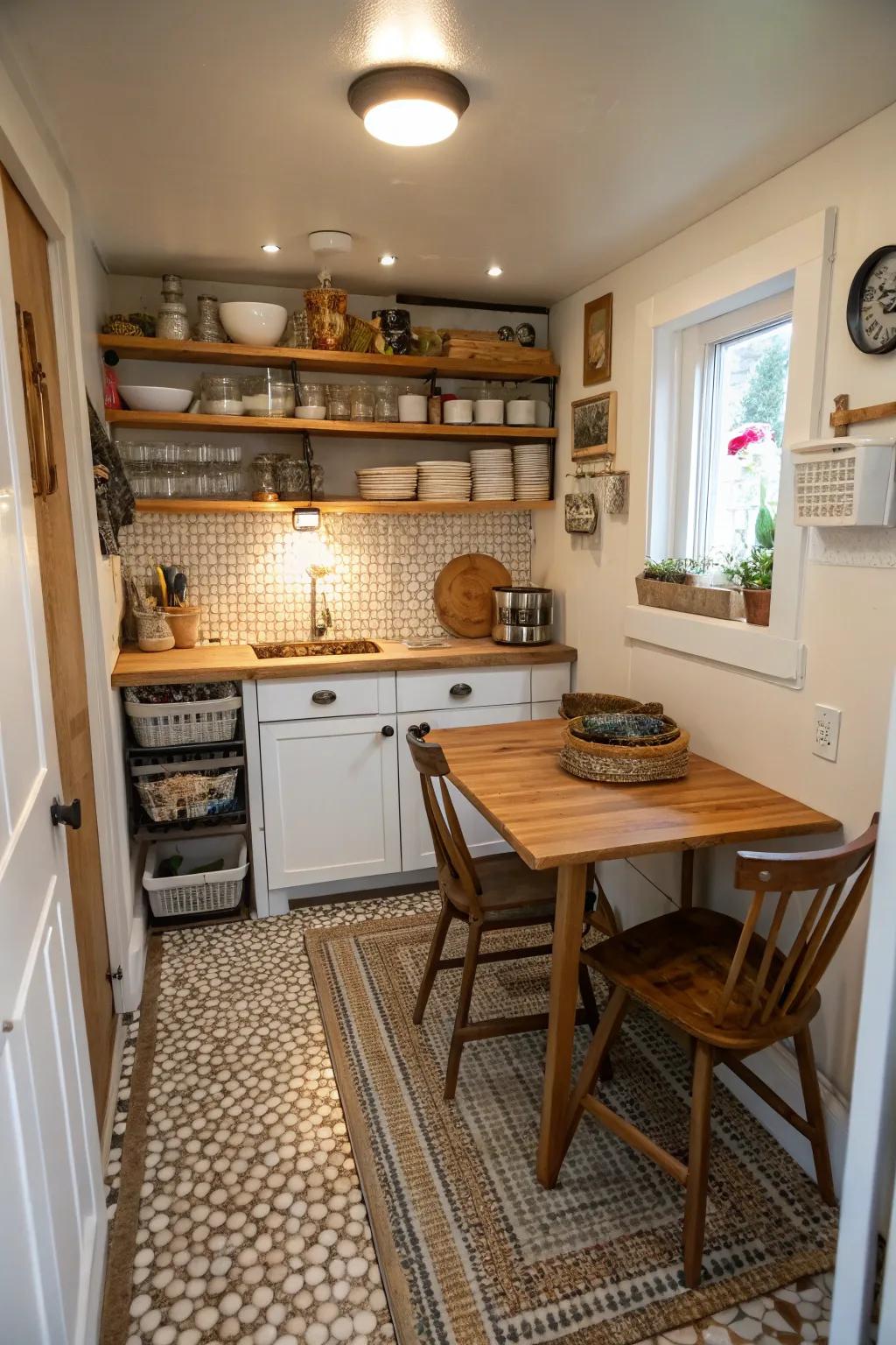 Penny tiles adding a playful touch to a small kitchen