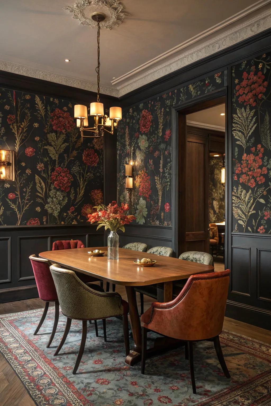 Rich wall finishes contribute drama and a hint of luxury.