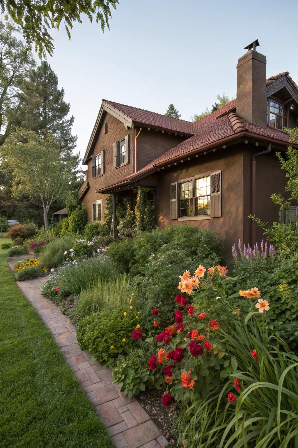 Lavish cocoa stucco house featuring lush surroundings.