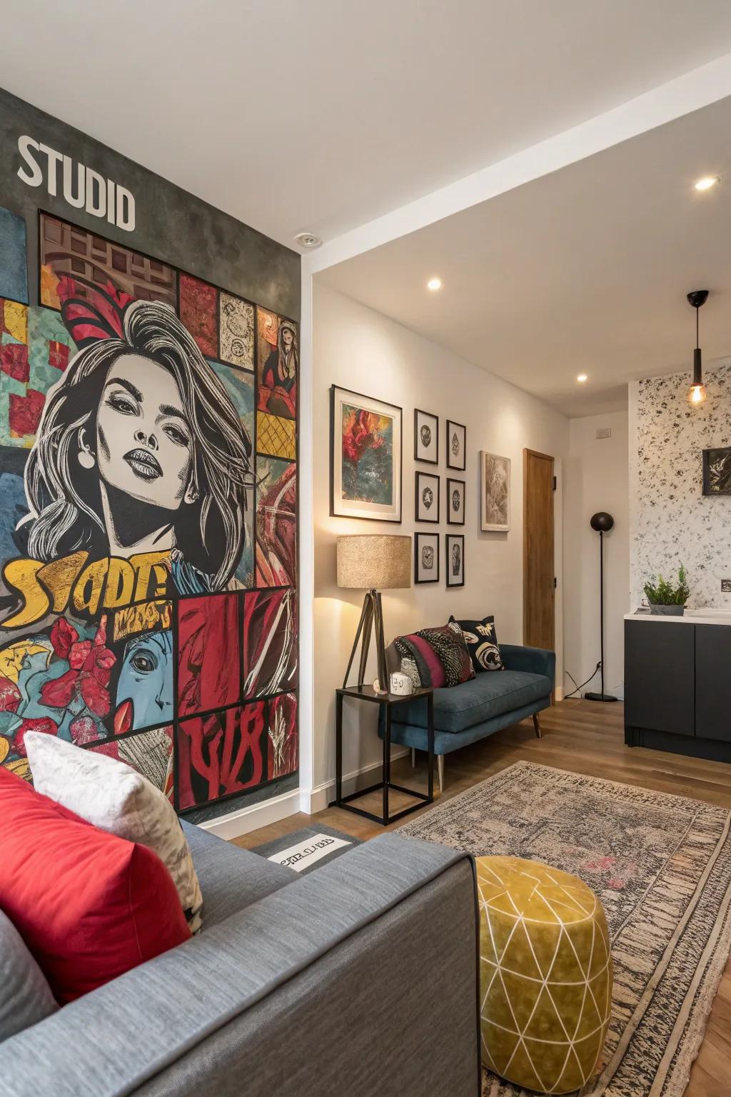 A studio apartment with a bold, artistic wall that serves as a captivating focal point.