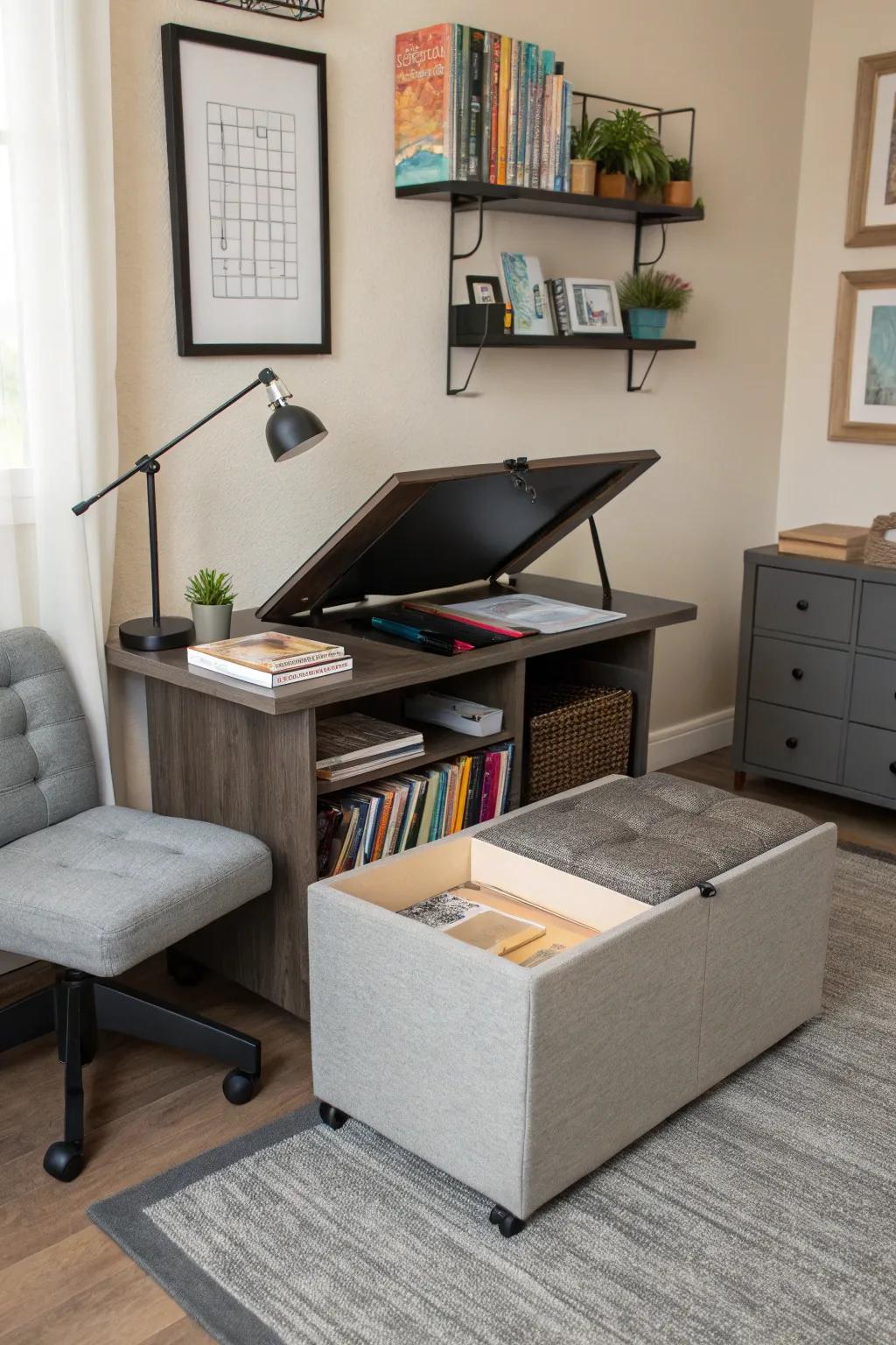 A practical study area featuring multifunctional furniture.